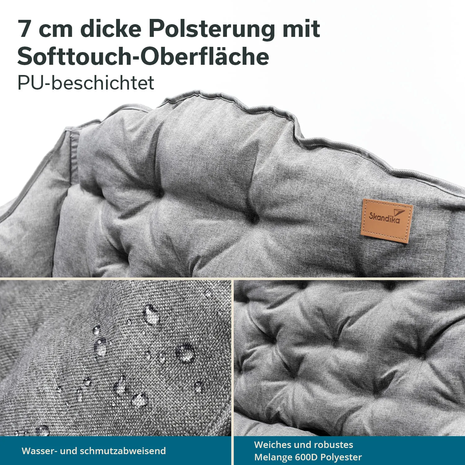 Polsterung mit weicher Softtouch-Oberfläche, 7 cm dick, gefaltet mit Wassertropfen auf der Oberfläche, Etikett „Skandika“.