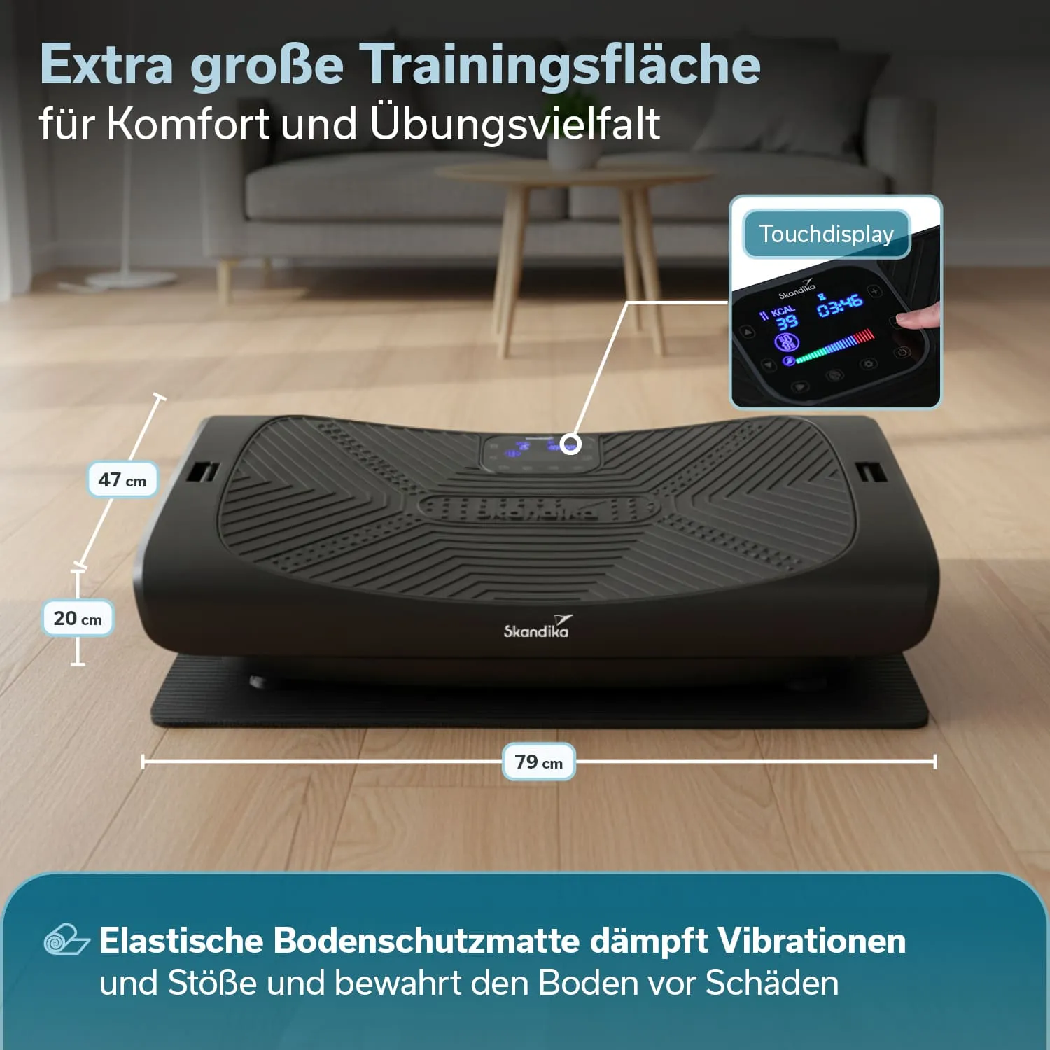 Trainingsgerät mit großflächiger Plattform, Touchdisplay und elastischer Bodenschutzmatte, auf hellem Boden.