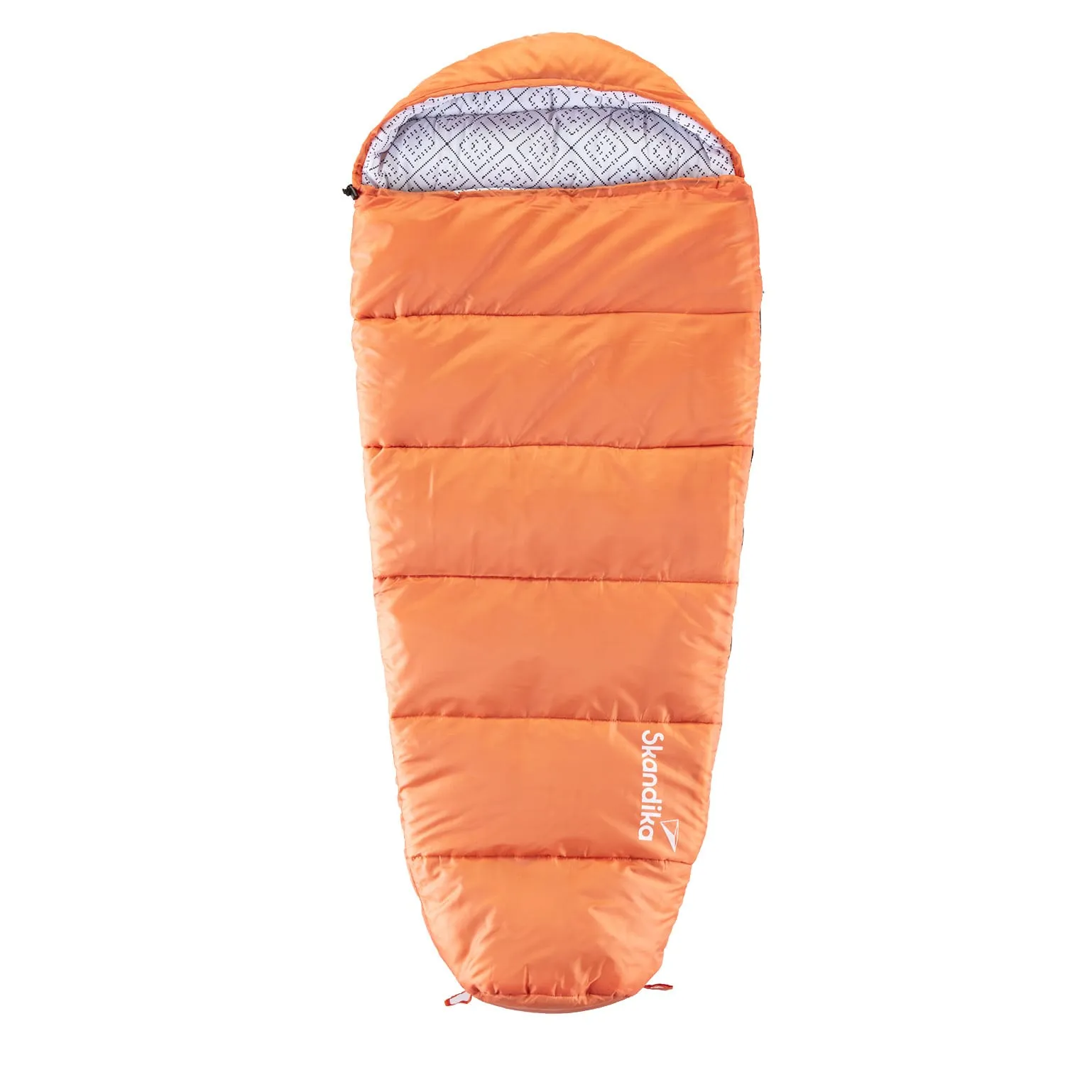 Oranger Schlafsack mit gestepptem Design und einem gemusterten Innenfutter. Marke: Skandika.