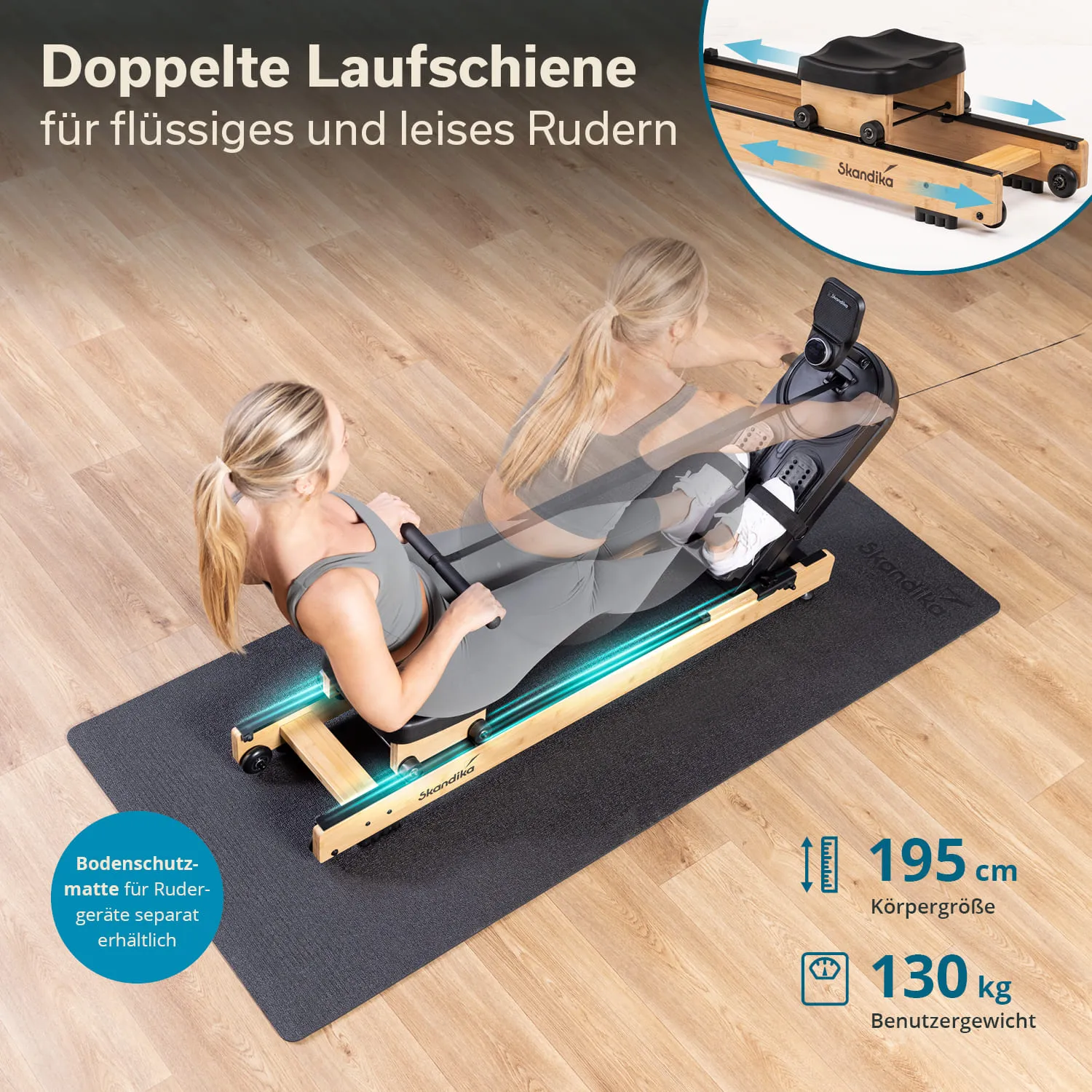 Rudergerät mit doppelt laufender Schiene auf einem Bodenbelag, Person in sportlicher Kleidung trainiert, Maßangaben sichtbar.