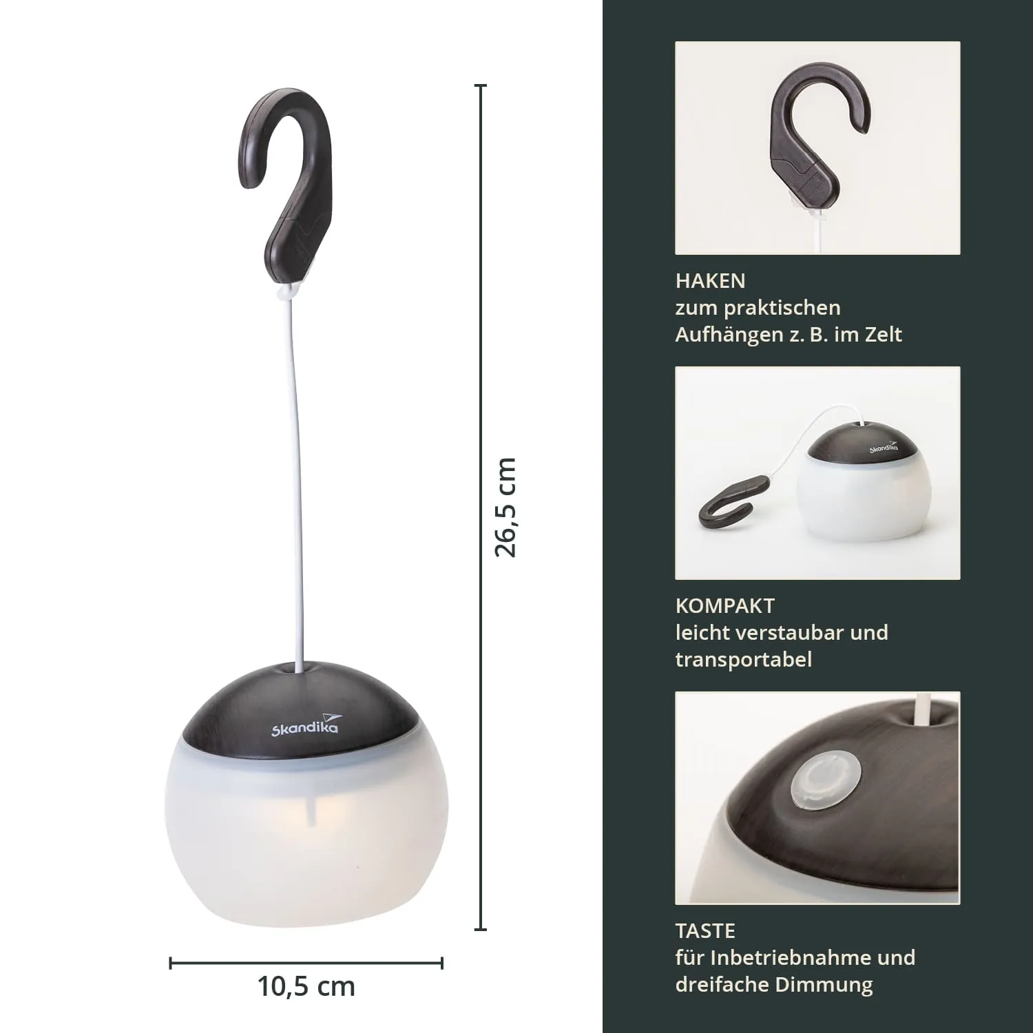 Eine hängende Lampe mit einem ovalen, weißen Gehäuse und einem schwarzen Deckel. Der Aufhänger ist an einem dünnen Kabel befestigt. Maße rechts angezeigt.