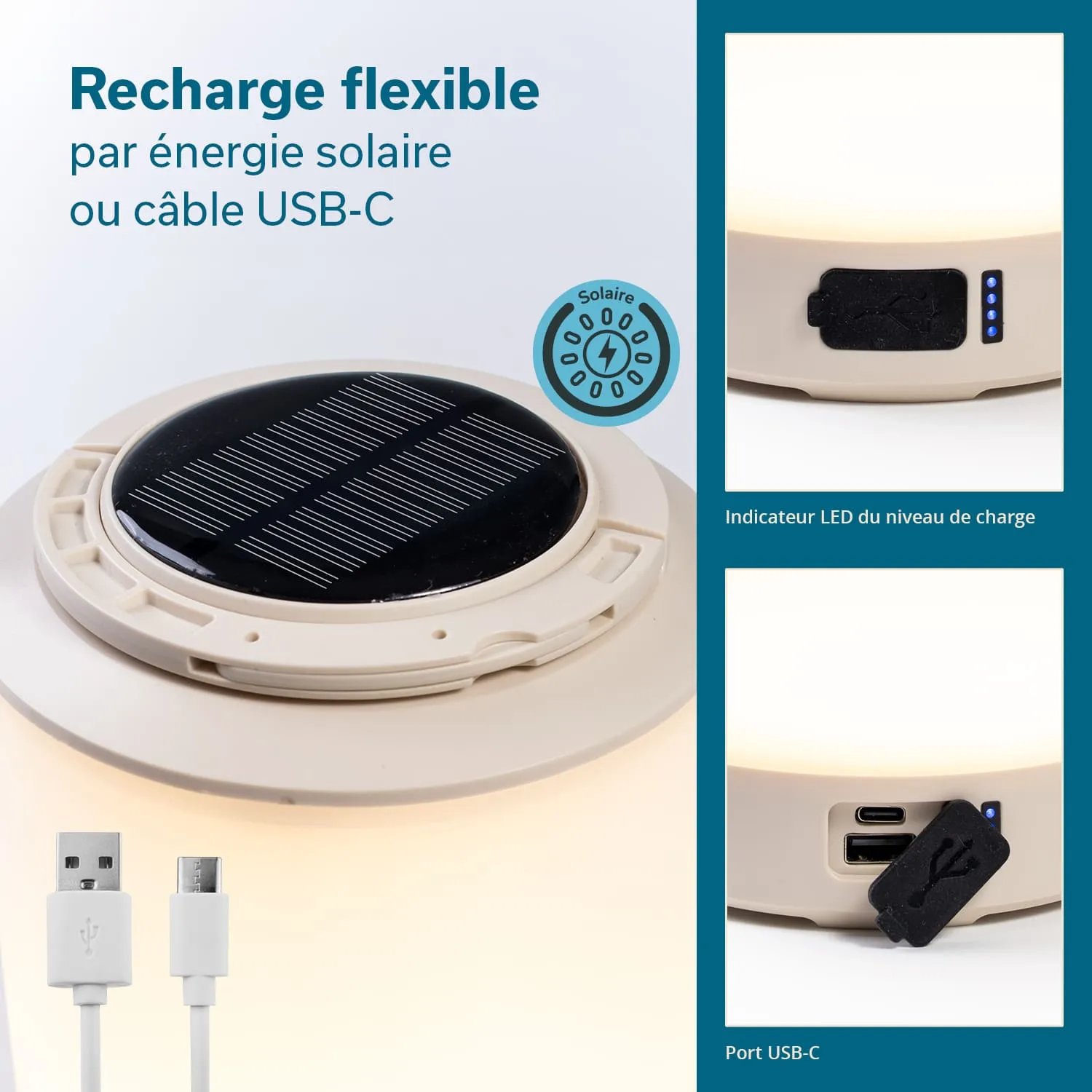 Solarleuchte mit USB-C-Anschluss, Ladeindikator-LED und solarem Ladepanel. Hintergrund in hellen Farben.