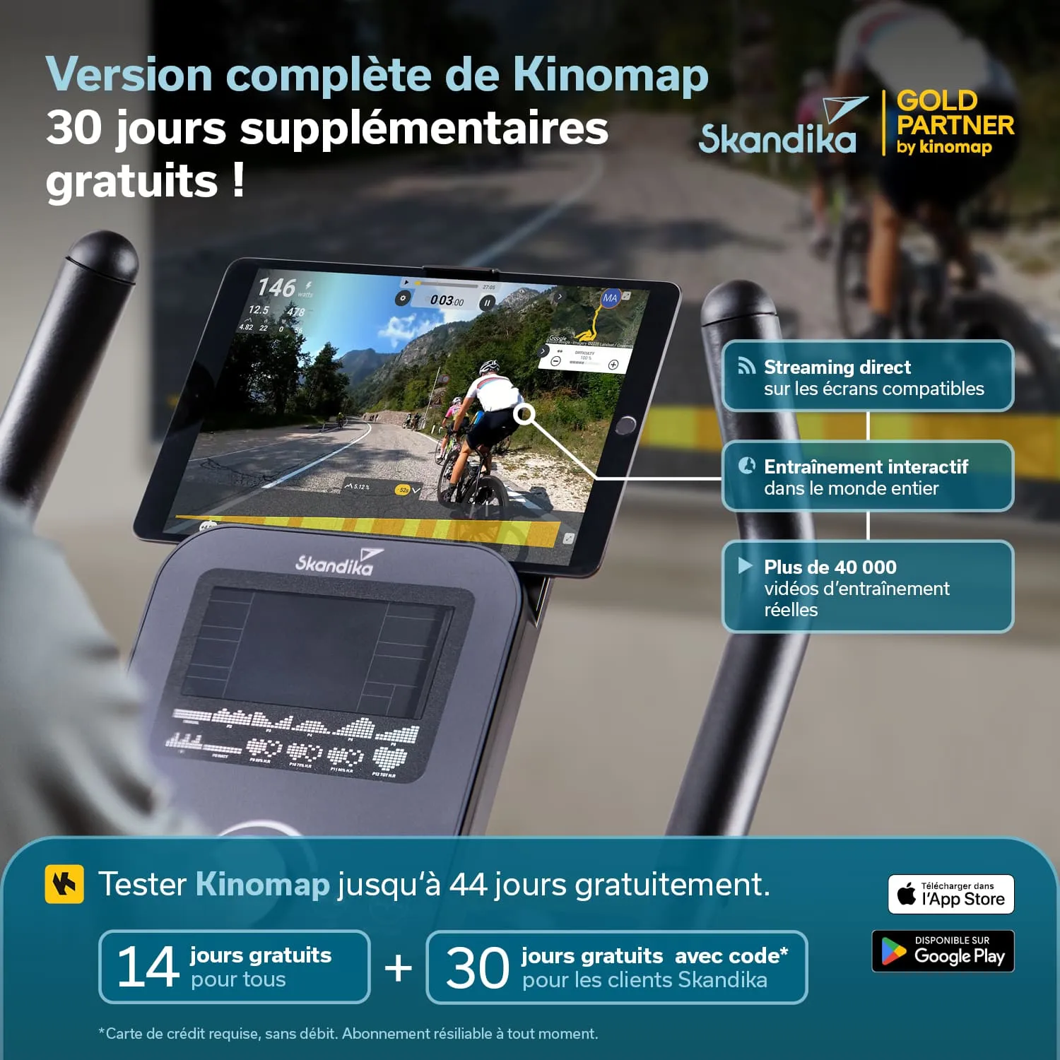 Tablet zeigt eine interaktive Trainingsanwendung mit einer Radfahransicht und Leistungsdaten. Produktdetails von Skandika.