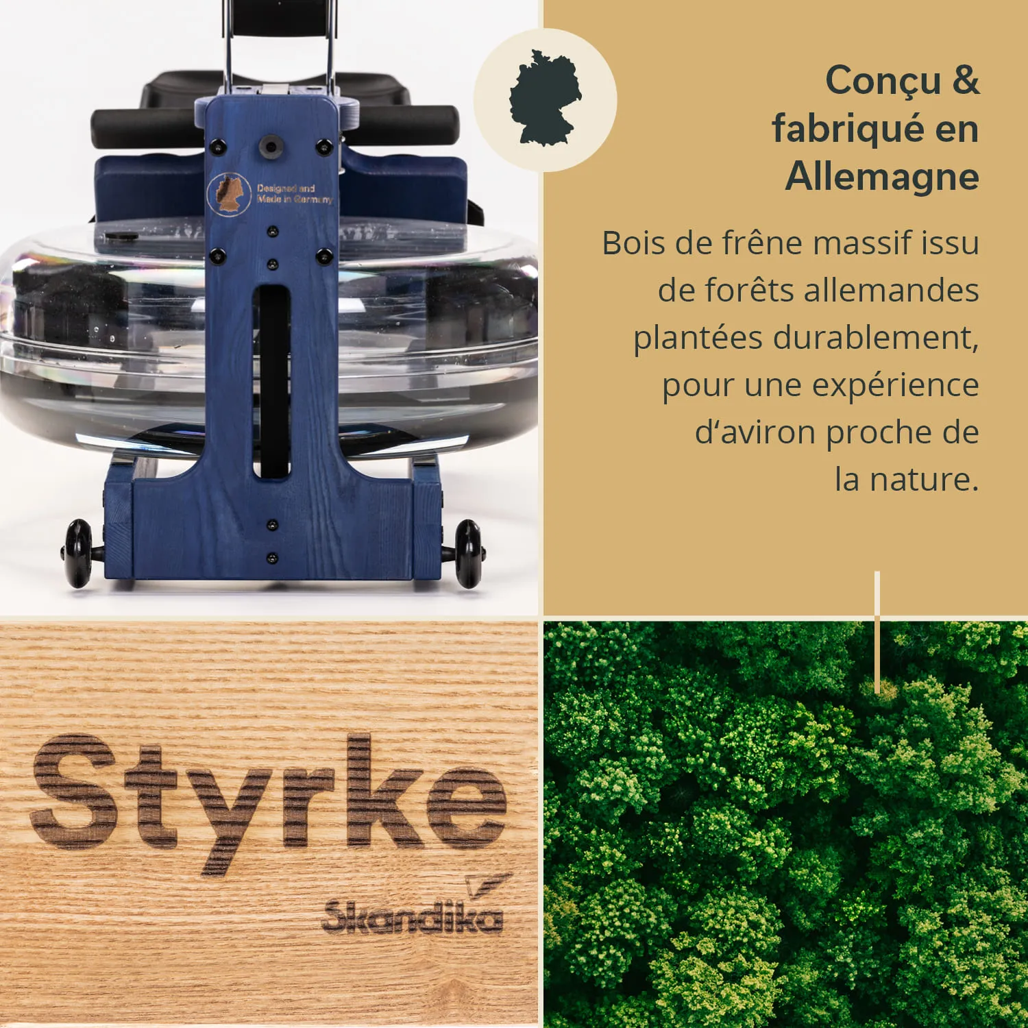 Holzgerät in blauer Farbe mit Wasserbehälter, daneben Informationen über Herkunft und Material. Unten Logo „Styrke“ auf Holz.