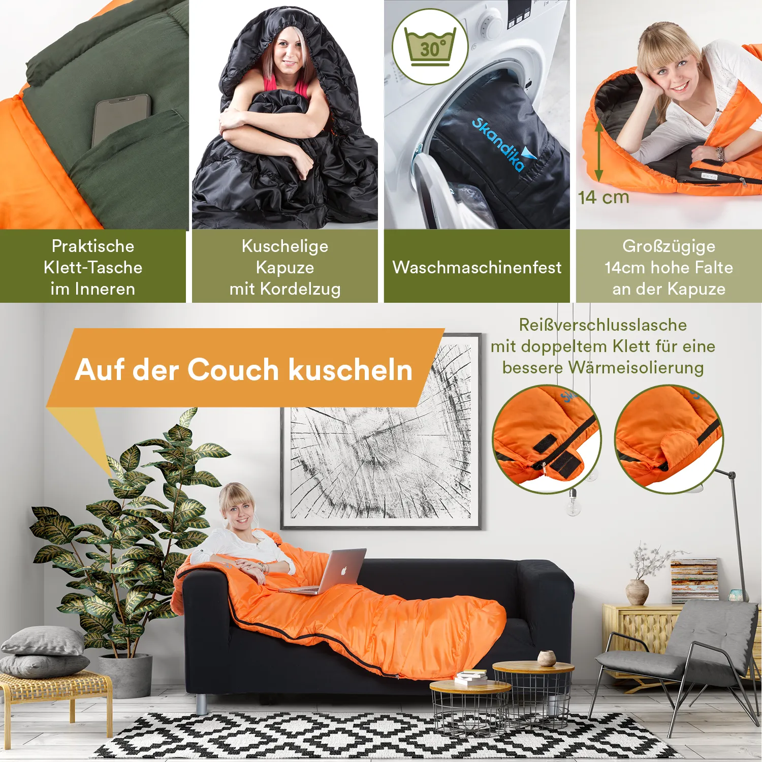 Schlafsack in Orange und Schwarz auf einer Couch. Person sitzt mit Laptop, Pflanzen und Wandkunst im Hintergrund.