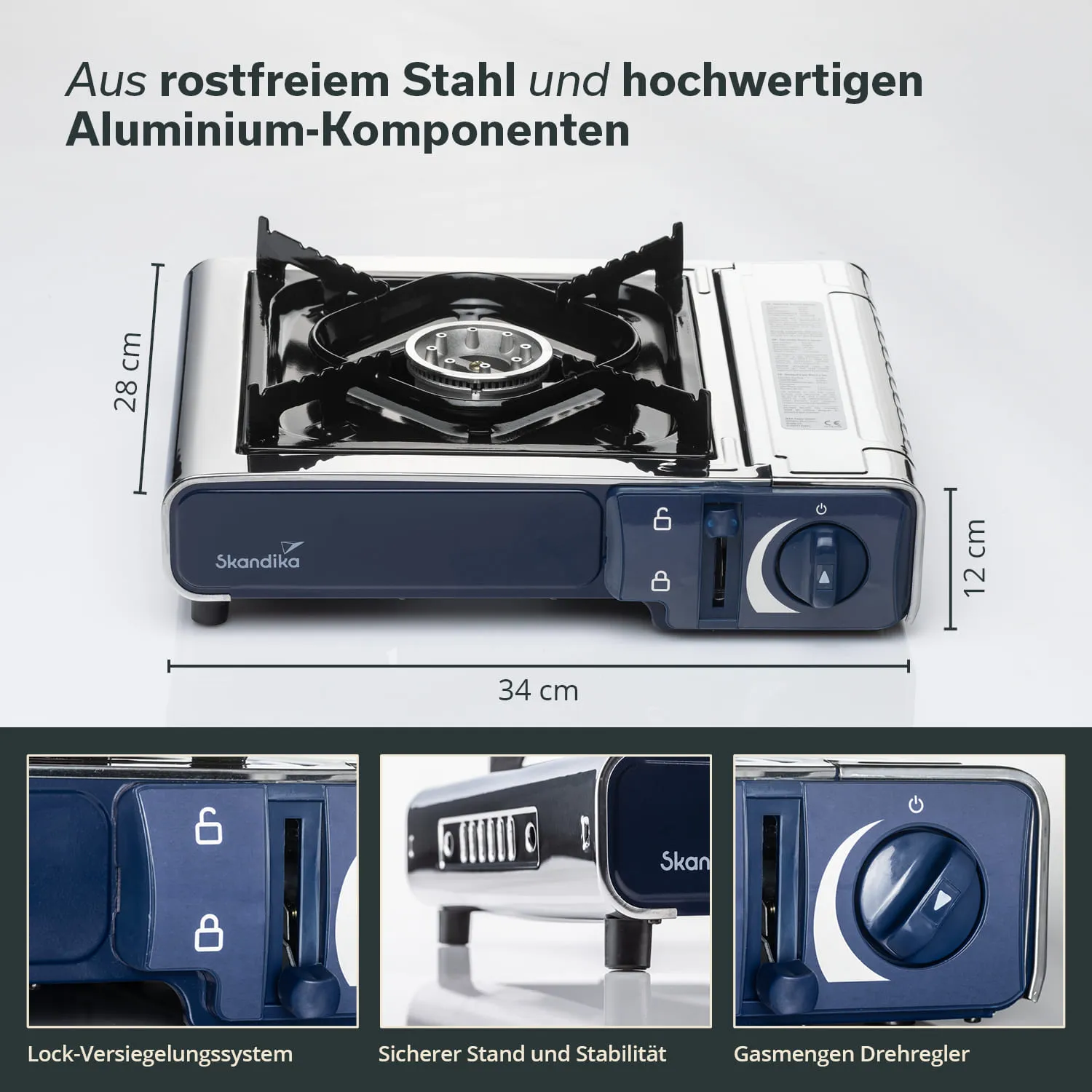 Gaskocher aus rostfreiem Stahl und Aluminium mit Maßen 34 cm x 28 cm x 12 cm, inklusive Gasregler und Sicherheitsmerkmalen.