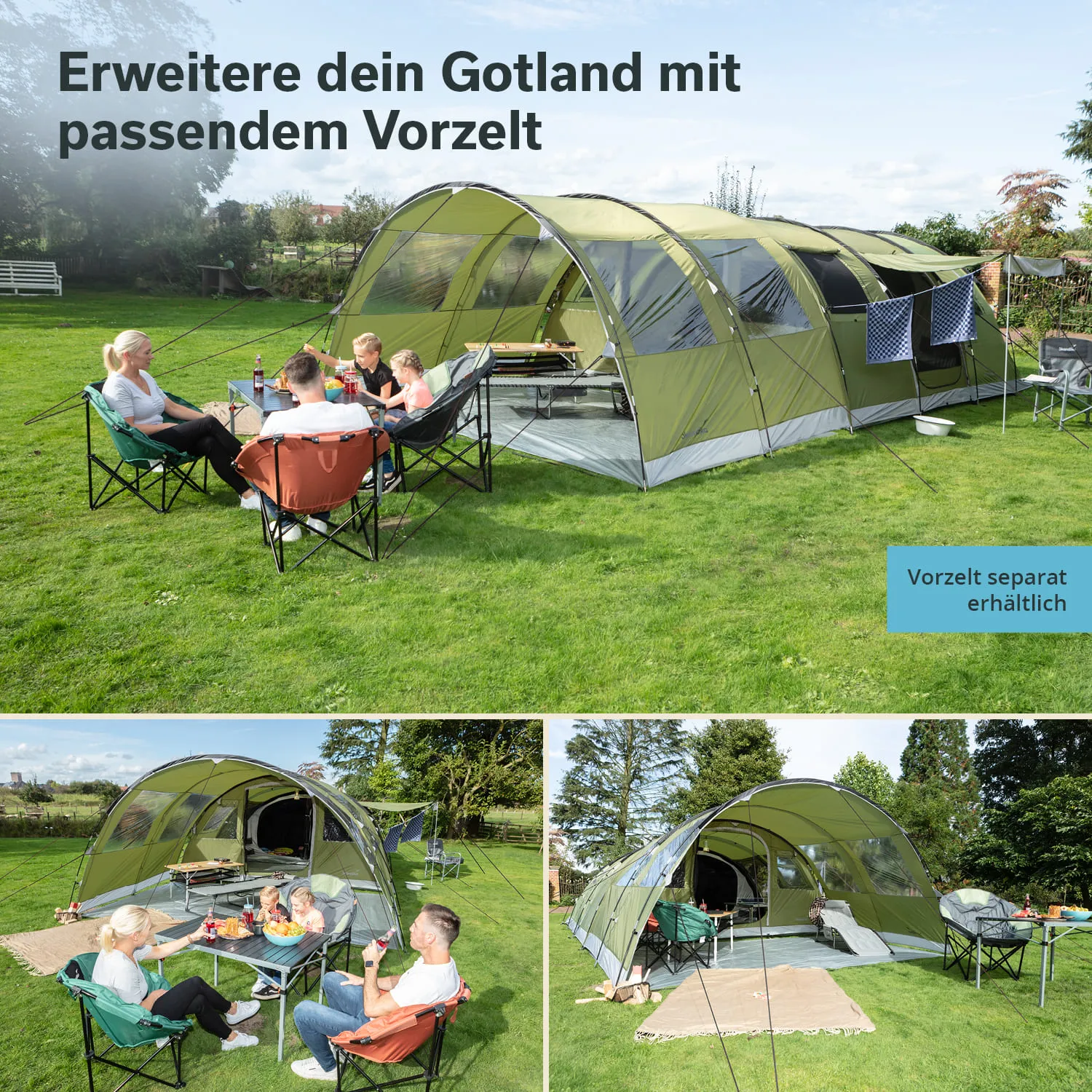 Grün-gestreiftes Zelt auf einer Wiese, umgeben von Personen in Campingstühlen, die Getränke und Snacks genießen.