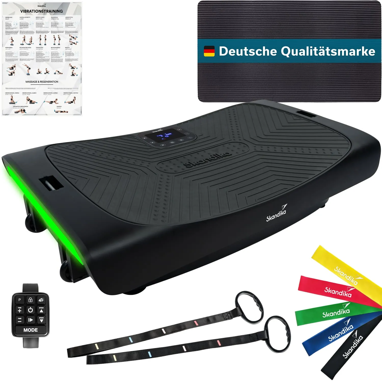 Vibrationsplatte mit Display, grüner Beleuchtung, zwei Widerstandsbändern in verschiedenen Farben und Bedienungsfernbedienung.