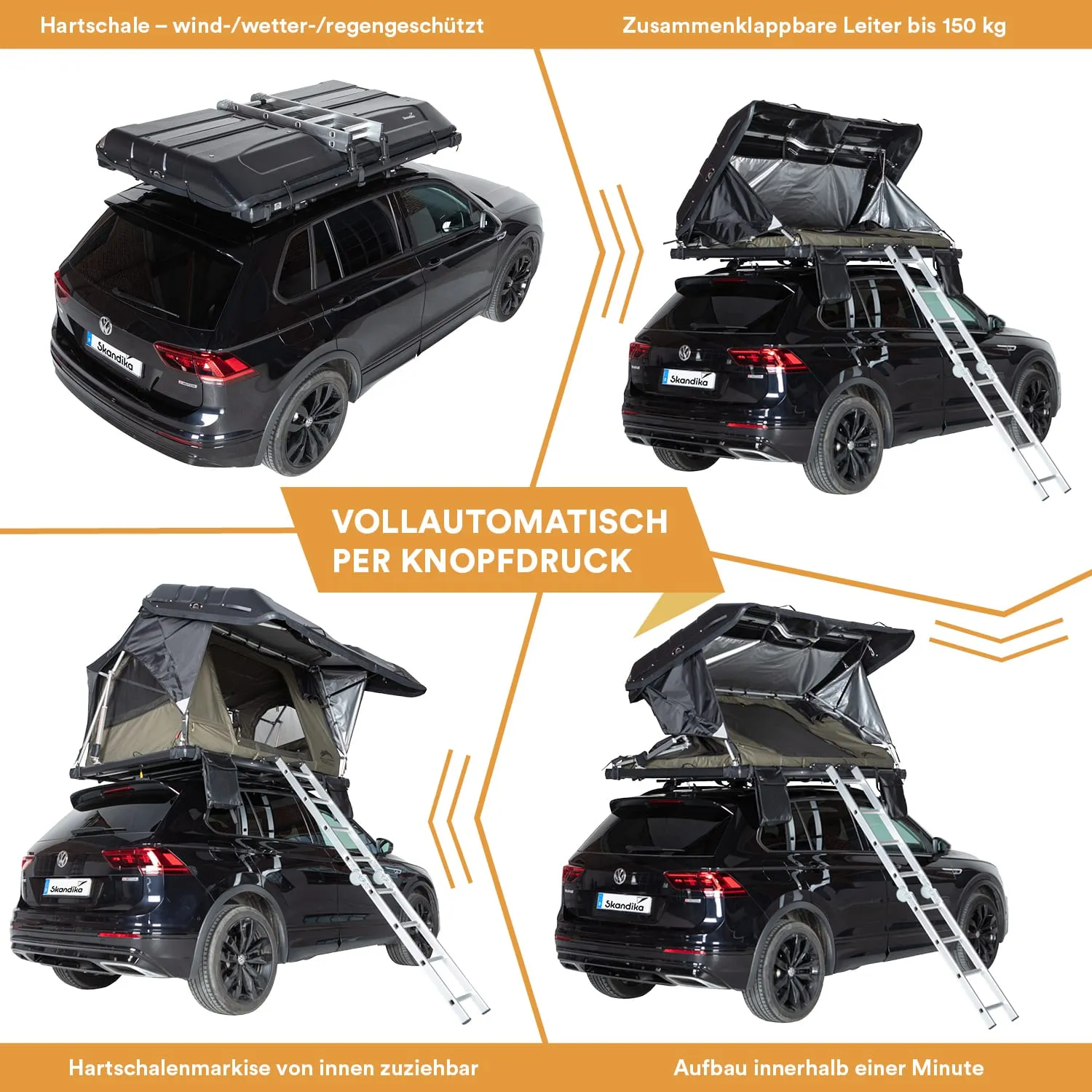 Dachzelt auf einem schwarzen SUV. Soffits in verschiedenen Positionen zeigen den automatischen Aufbau. Klappbare Leiter sichtbar.