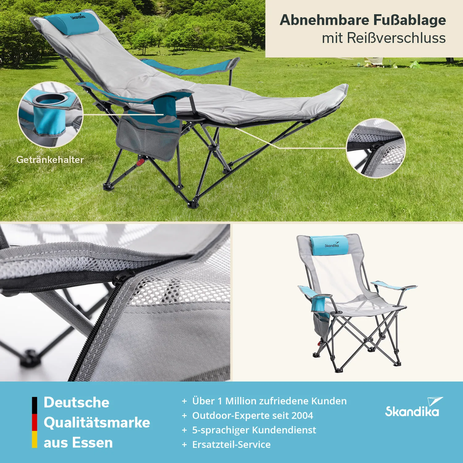 Liegender Campingstuhl in Grau mit abnehmbarer Fußablage und Getränkekholder, platziert auf grünem Gras.