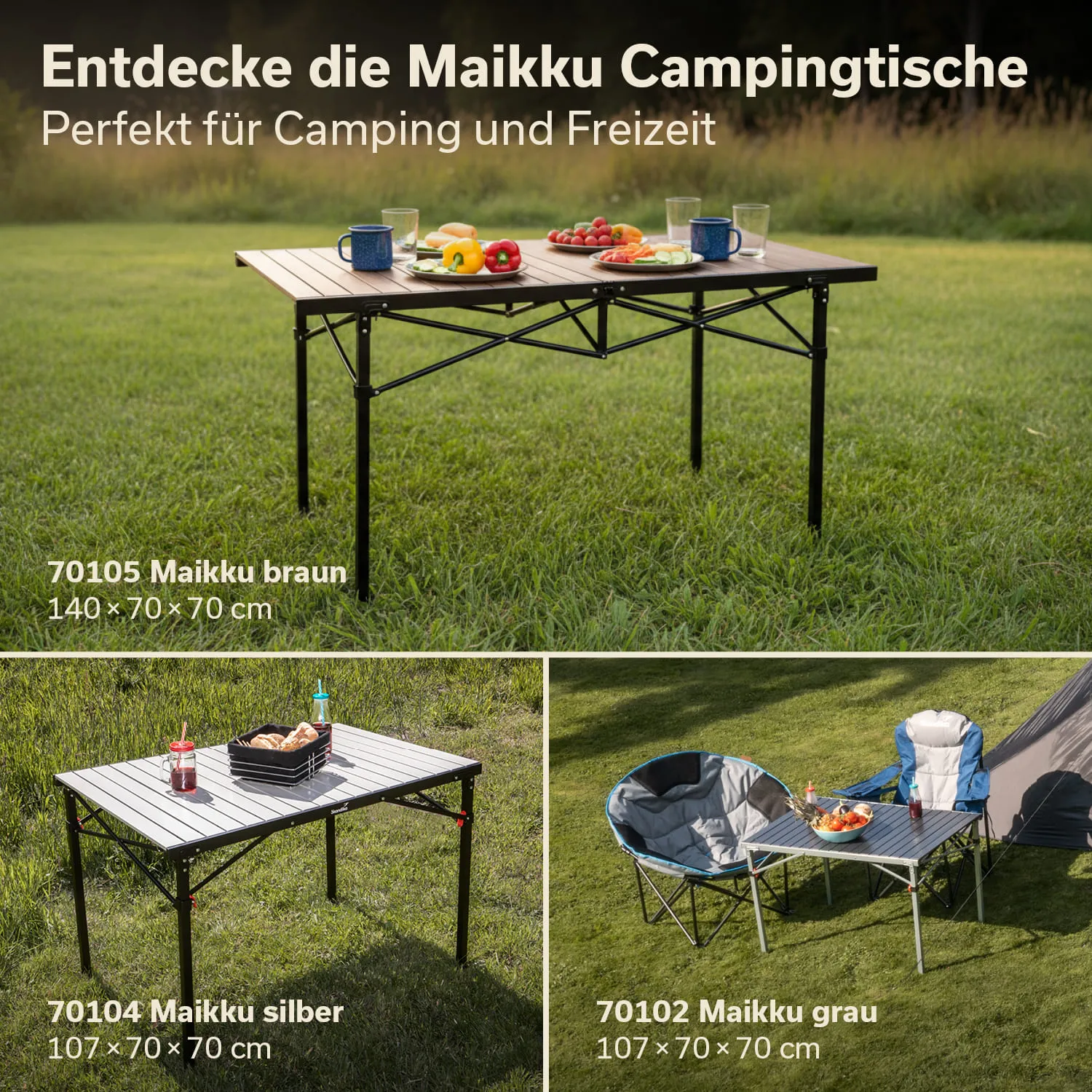 Campingstische in verschiedenen Farben (braun, silber, grau) auf einer Wiese, mit Geschirr und Essen dekoriert.