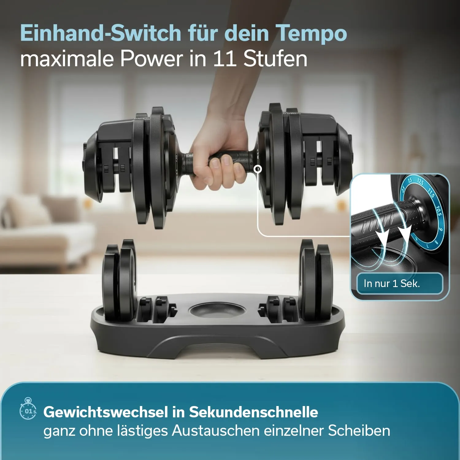 Doppeltes Hantelgerät mit einem Griff. Beschreibung von Gewichtsänderungssystem und ein Handbetrieb in einem modernen Raum.
