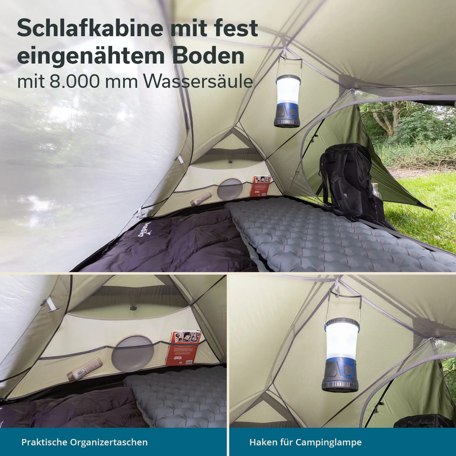 Schlafkabine mit fest eingenähtem Boden. Innenaufnahme zeigt Matratze, Taschen und eins Licht. Grün und hell, natürliche Umgebung.