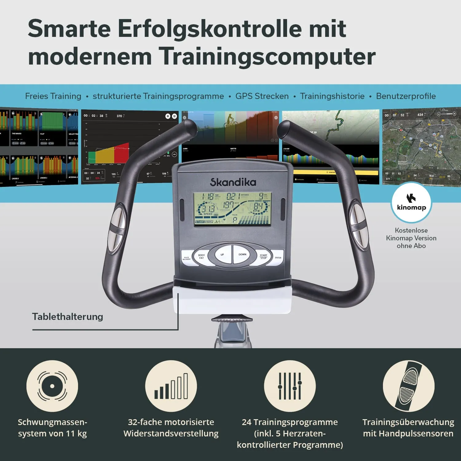 Bild eines Heimtrainers mit digitalem Trainingscomputer und Tablet-Halterung. Informationen zu Funktionen und Trainingsprogrammen sind sichtbar.