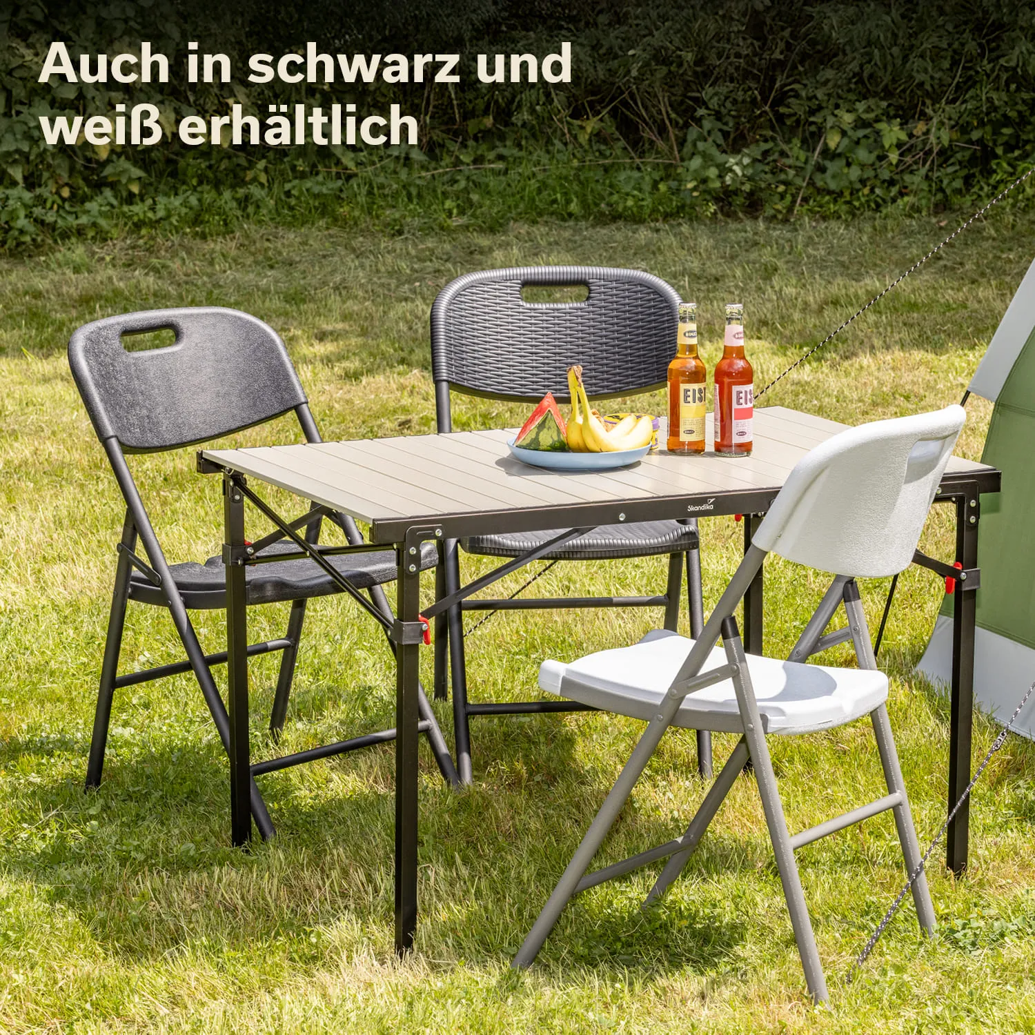 Klappbarer Tisch mit zwei Stühlen auf Rasen, dekoriert mit Obst und Getränken. Hintergrund zeigt grüne Vegetation.