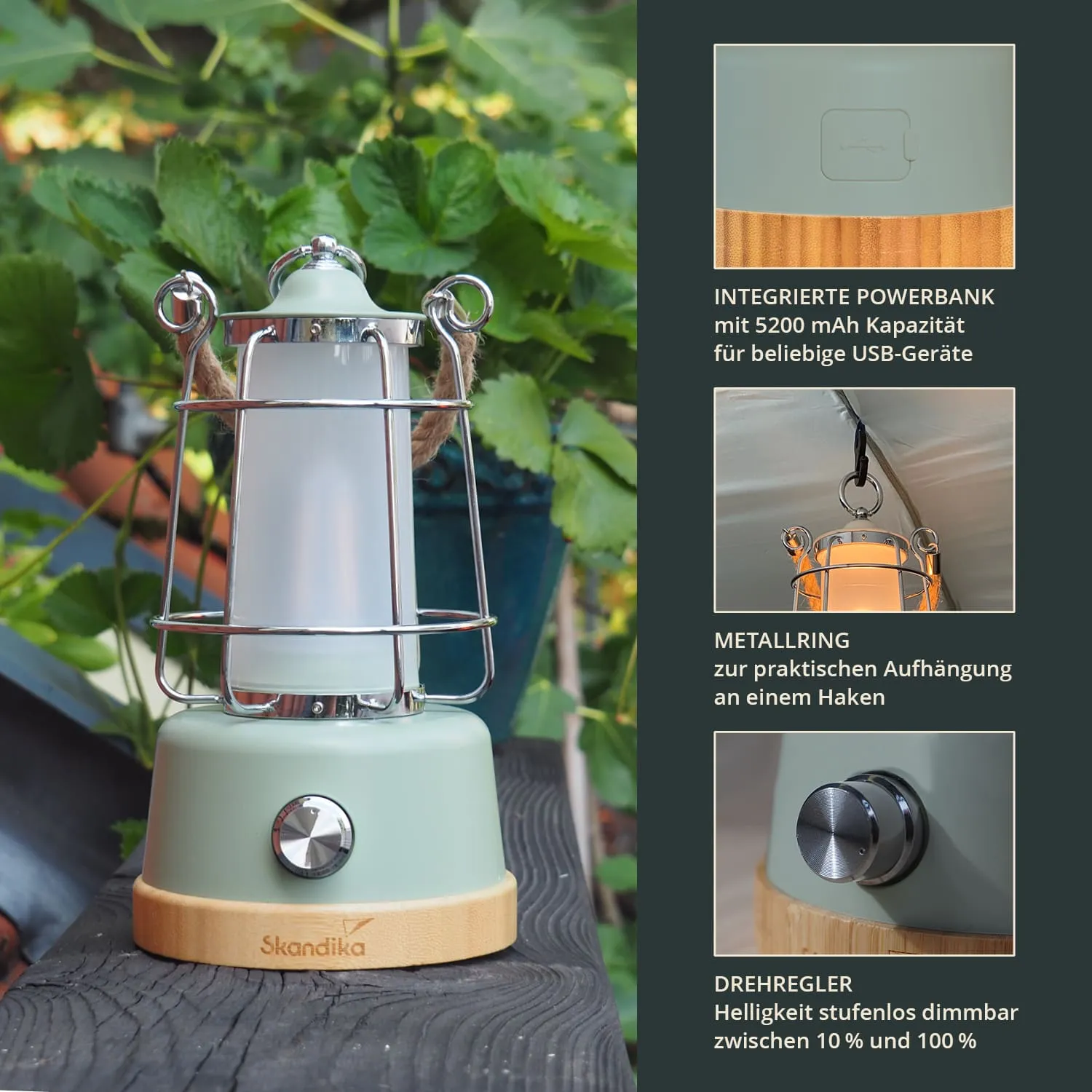 Dekorative Lampe mit Metallgitter und Holzfuß. Sie steht auf einem Holztisch, umgeben von Pflanzen. Funktionen sind auf der Seite beschrieben.