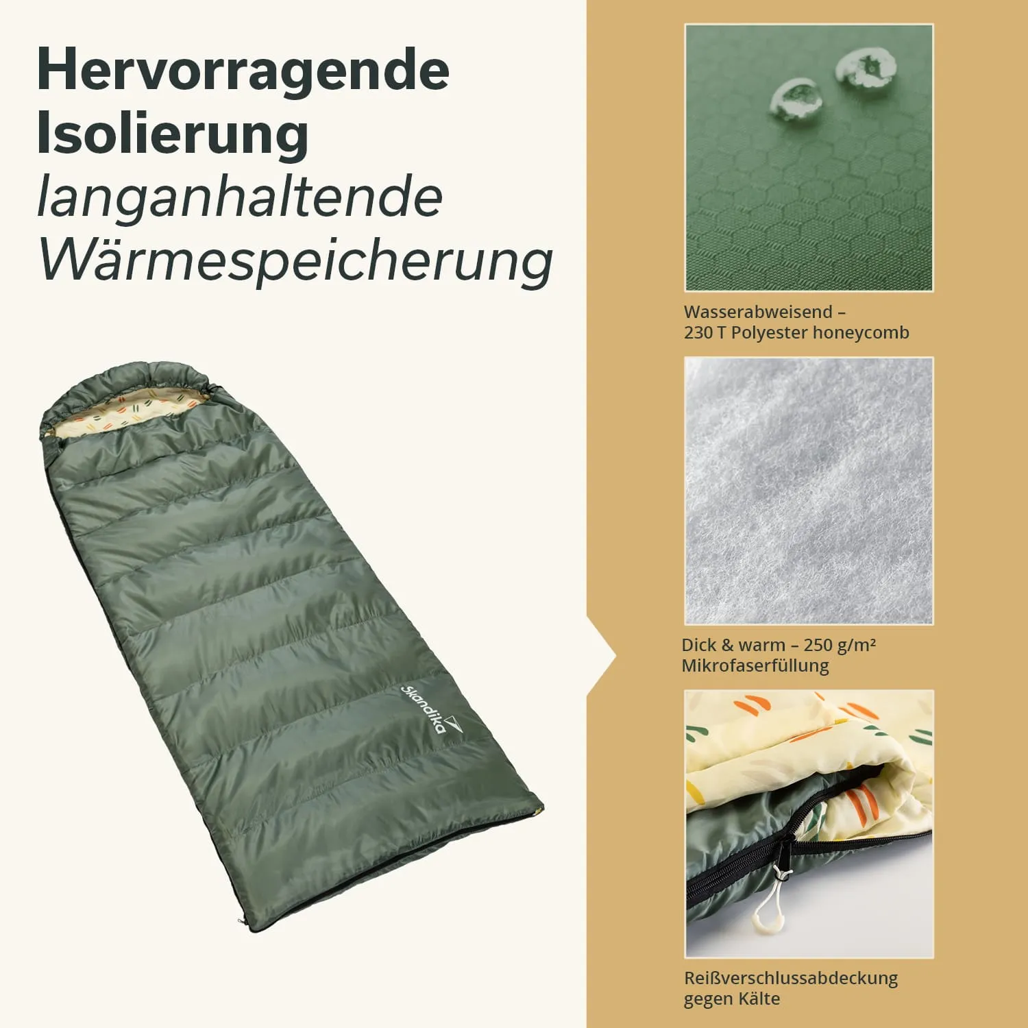 Schlafsack in grün mit gefüttertem Inneren. Hinweise zur Isolierung, Mikrofasern und wasserabweisenden Eigenschaften.