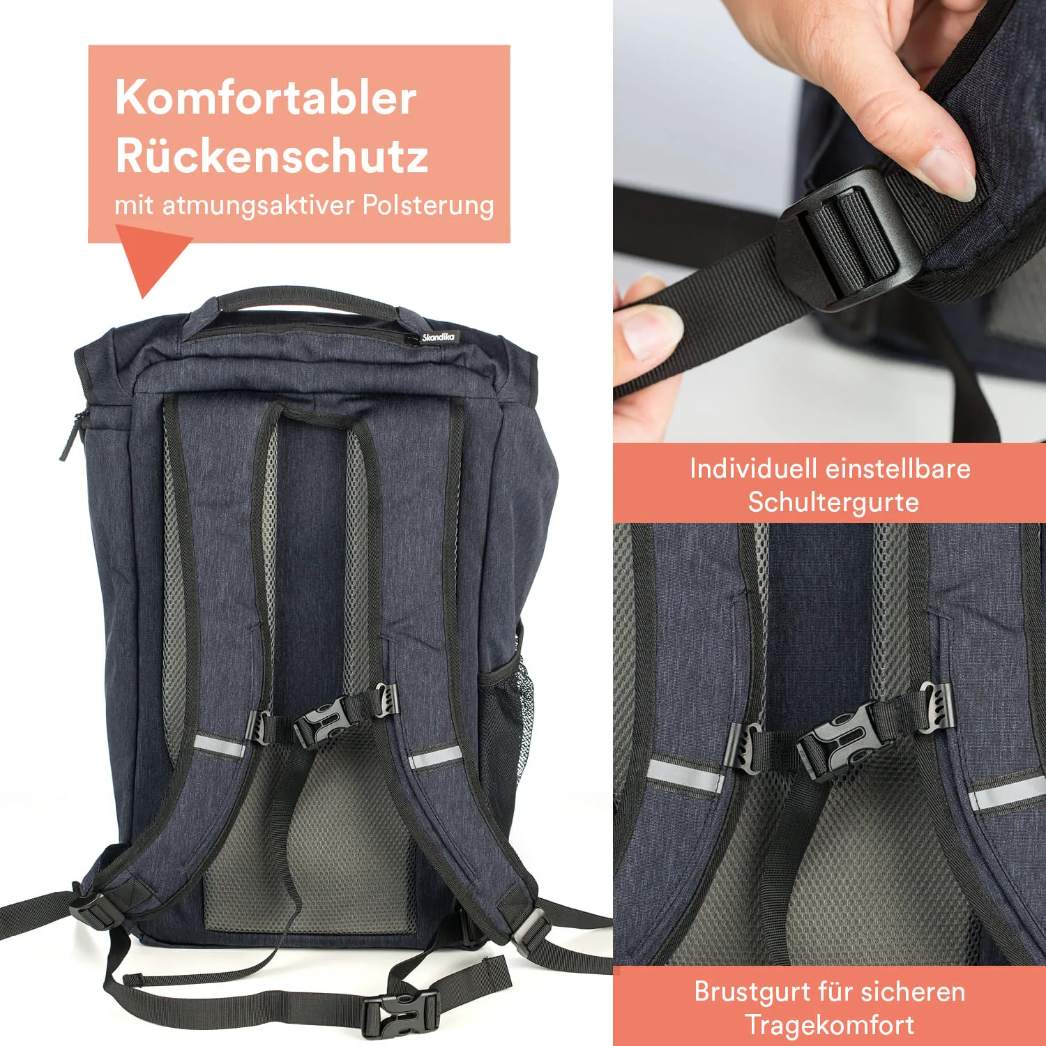 Rucksack mit atmungsaktiver Polsterung, individuell einstellbaren Schultergurten und Brustgurt für Tragekomfort.