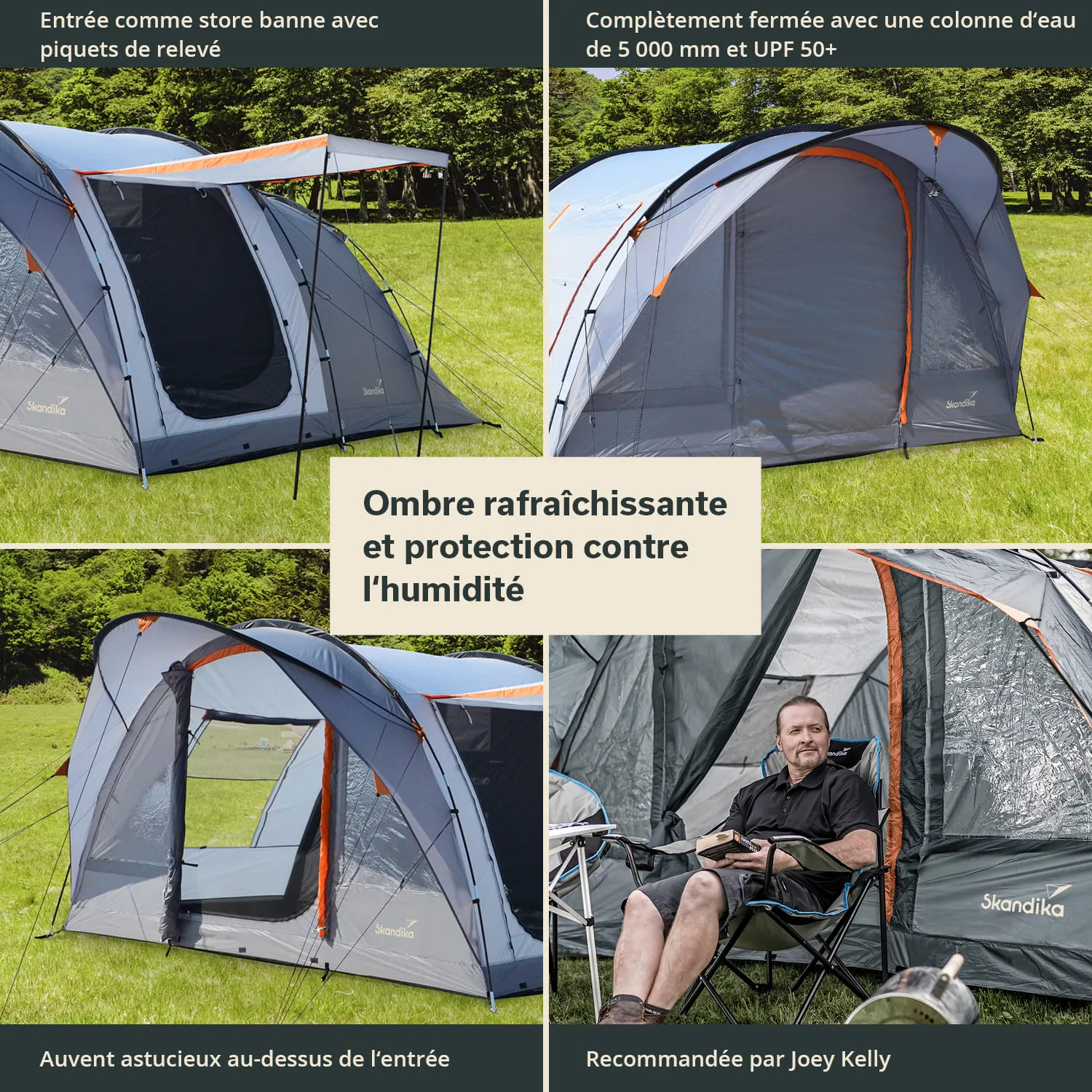 Zelt in grauer Farbe mit orangen Akzenten auf einer Wiese. Verschiedene Ansichten zeigen die Eingänge und eine Person, die entspannt sitzt.