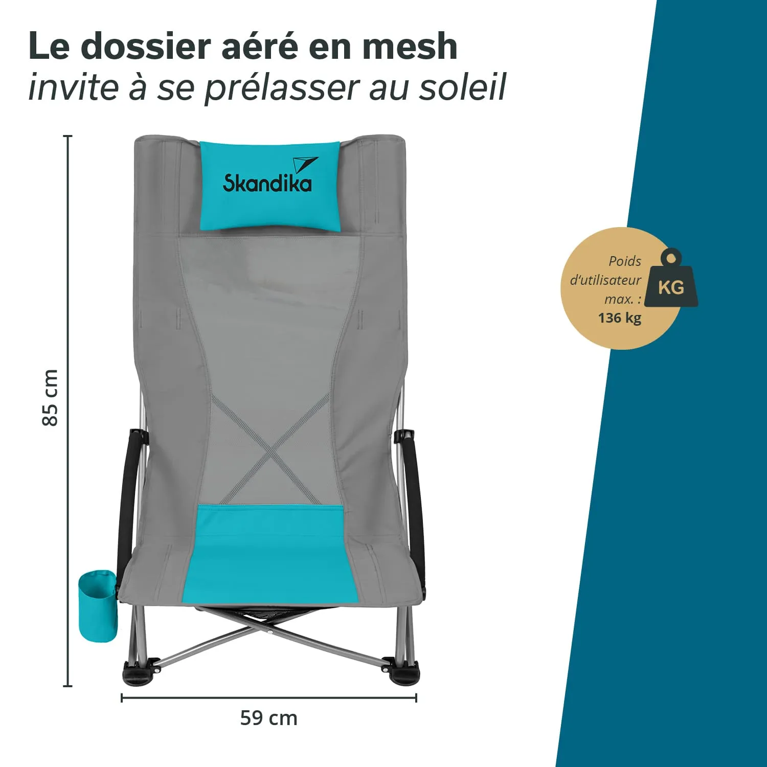 Klappstuhl mit grauem Mesh-Bezug und türkisem Kopfpolster. Maße: 85 cm hoch, 59 cm breit. Maximalgewicht 136 kg. Getränkehalter vorhanden.