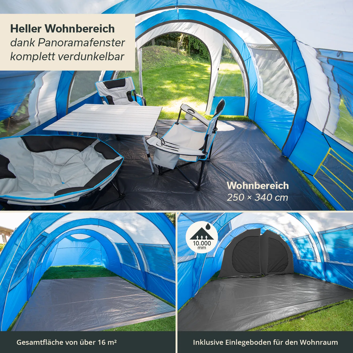 Innenraum eines Zeltes mit blauen und weißen Wänden, einem Tisch und zwei Stühlen. Sichtbare Zeltstruktur.