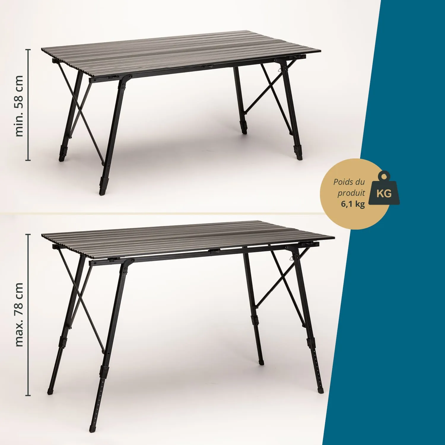 Klappbarer Tisch mit verstellbarer Höhe (58 cm bis 78 cm) und einem Gewicht von 6,1 kg, in neutralem Hintergrund.