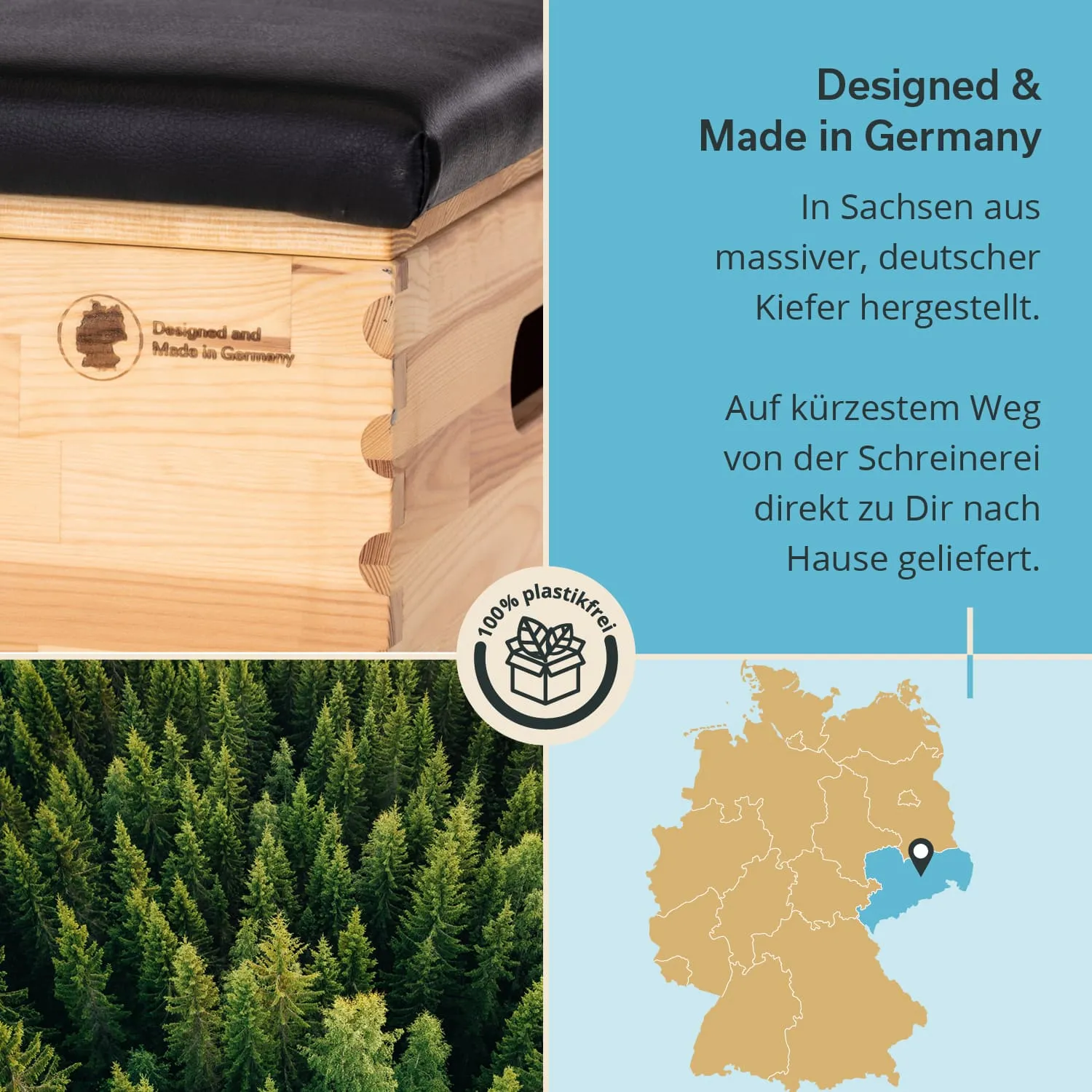 Holzkiste mit schwarzem Polster, beschriftet "Designed and Made in Germany", begleitet von Wald- und Kartenmotiven.