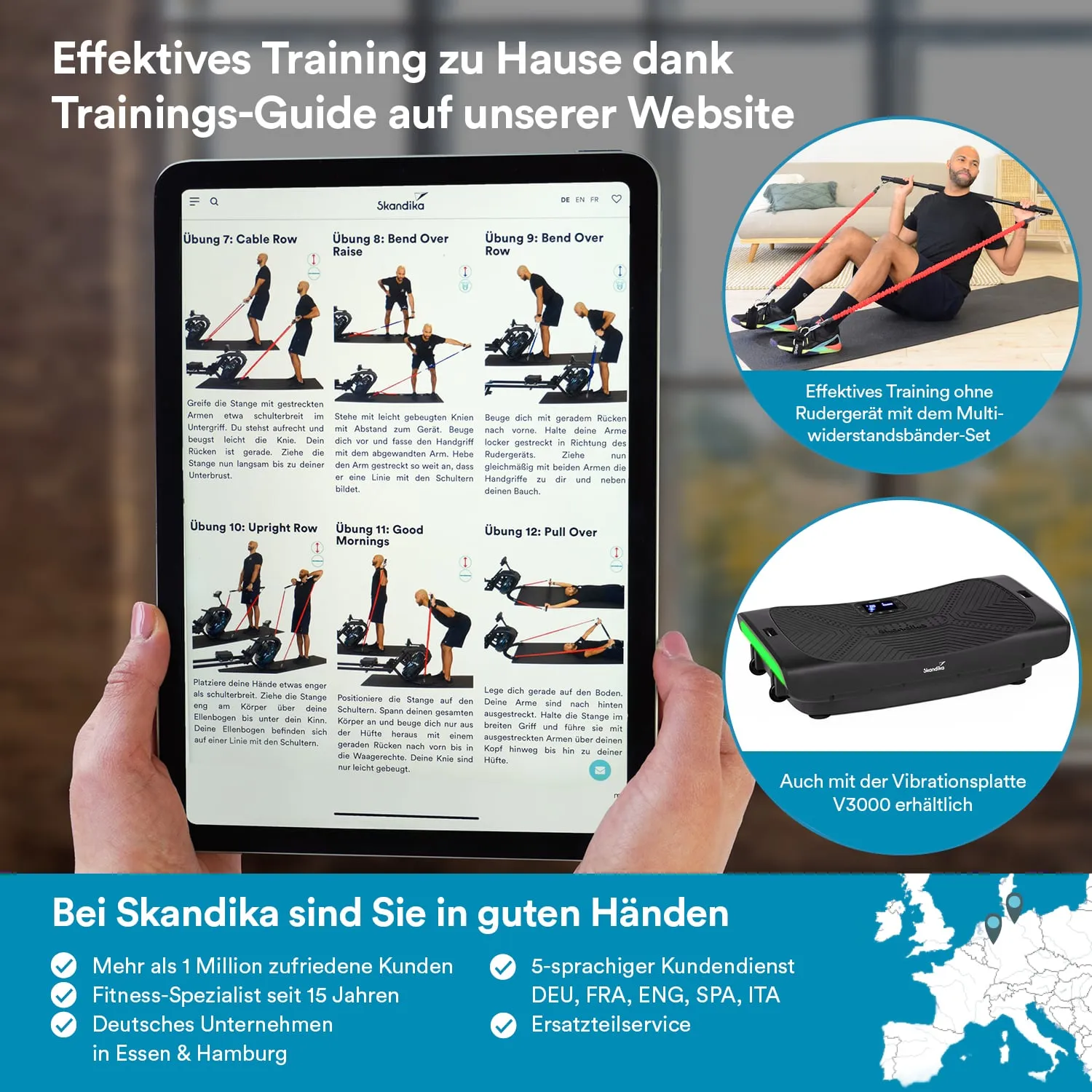 Tablet mit Trainingsanleitungen für Übungen, darunter Cable Row und Upright Row, neben einer Vibrierenplatte.