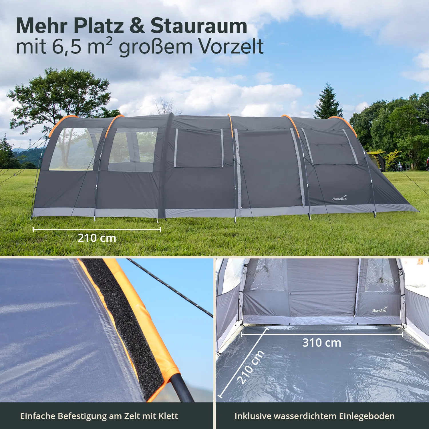 Zelt mit Vorzelt auf einer Wiese, umgeben von Bäumen. Oben stehen Maße für Breite und Länge. Details zur Befestigung und zum wasserdichten Boden.