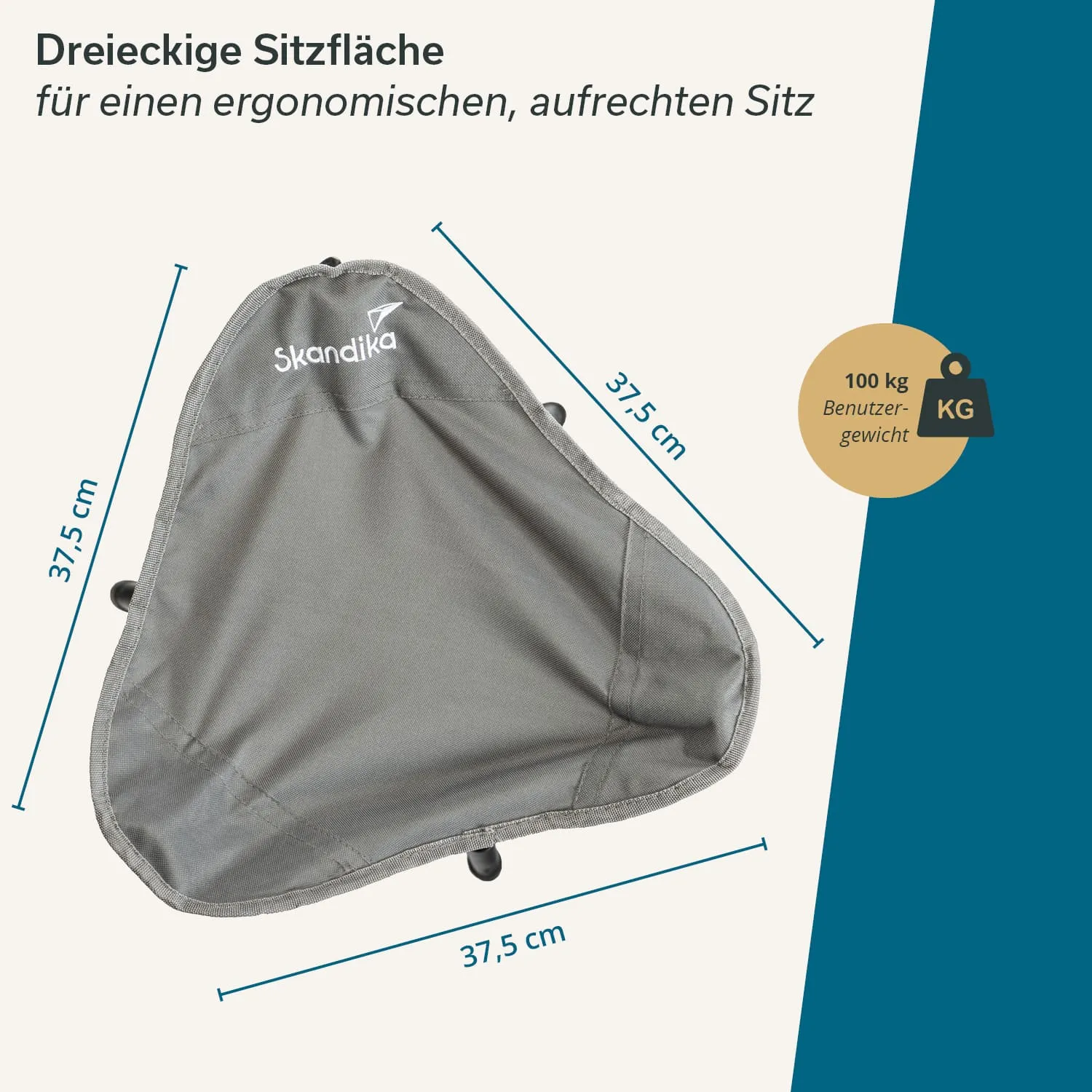 Dreieckige Sitzfläche in Grau mit Maßen von 37,5 cm. Textinformationen zu ergonomischem Sitzen und Benutzergewicht von 100 kg.