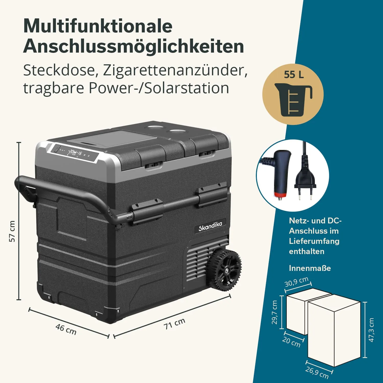 Kühlbox mit Multifunktionsanschlüssen (Steckdose, Zigarettenanzünder), maße: 71 cm x 46 cm x 57 cm, 55 Liter Volumen.