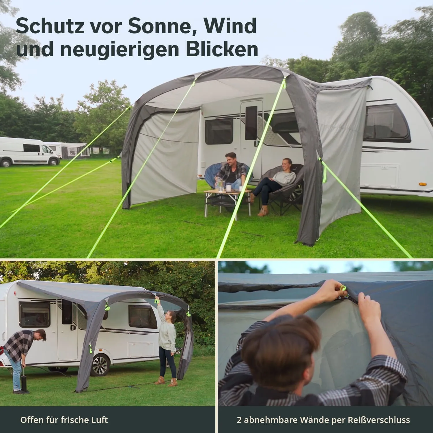 Zelt mit abnehmbaren Wänden vor einem Wohnwagen, zwei Personen sitzen auf Stühlen, ein weiterer Mensch montiert eine Wand.