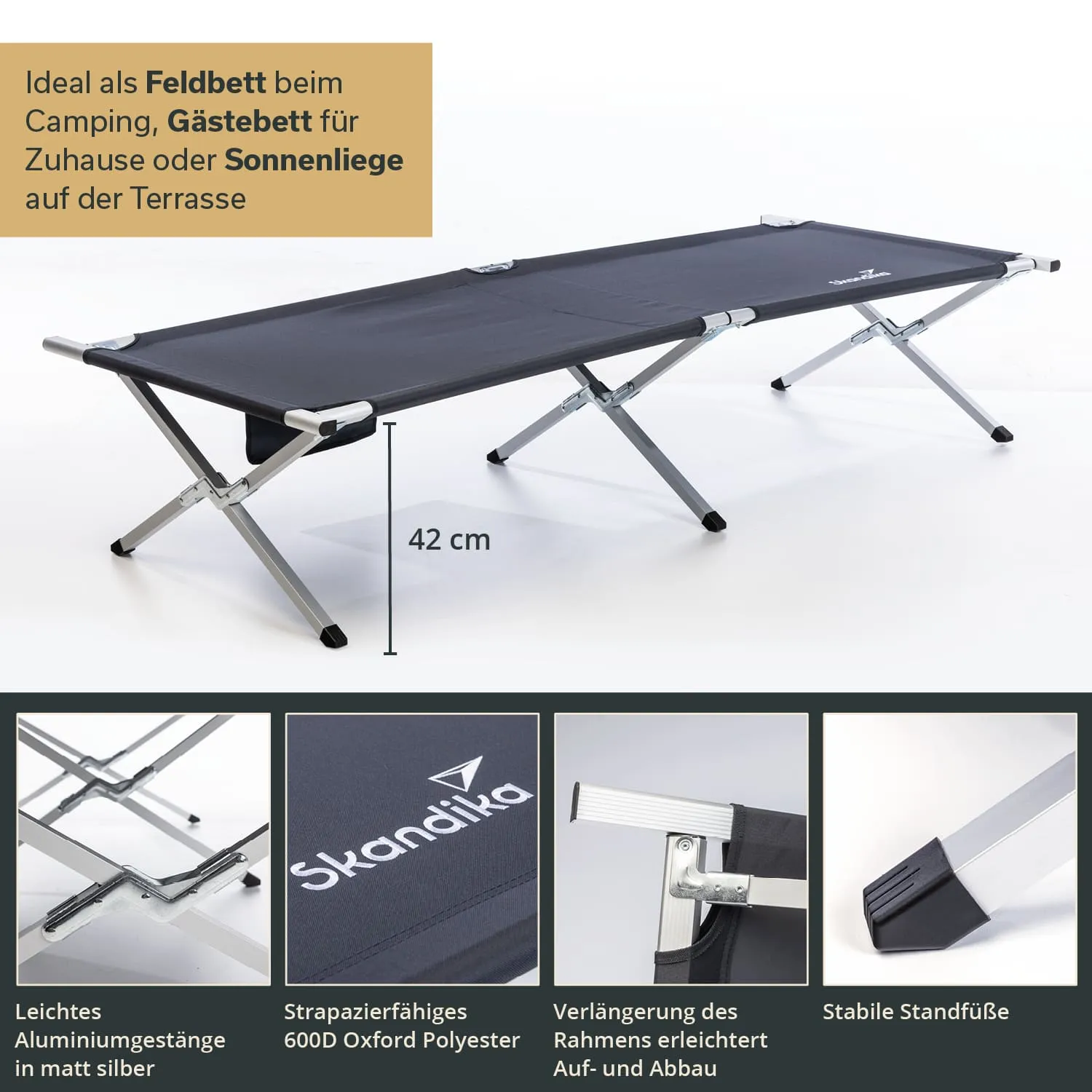 Faltbett in Schwarz mit silbernem Aluminiumgestell, eine Höhe von 42 cm, für Camping und Terrasse.