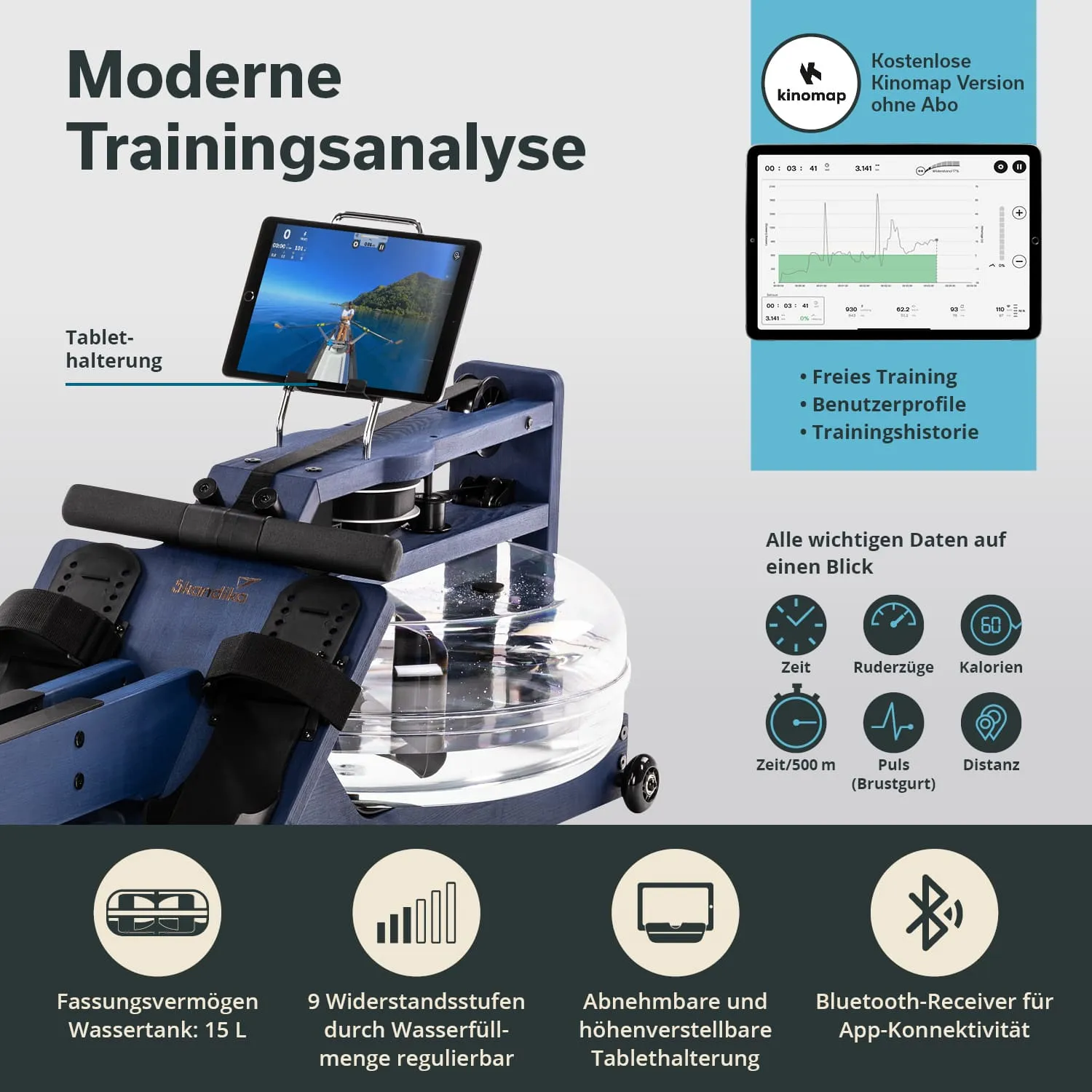 Wassertretgerät mit Tablet-Halterung und digitalen Anzeigen. Informationen zu Training, Zeit, Ruderschlägen, Kalorien und Puls.