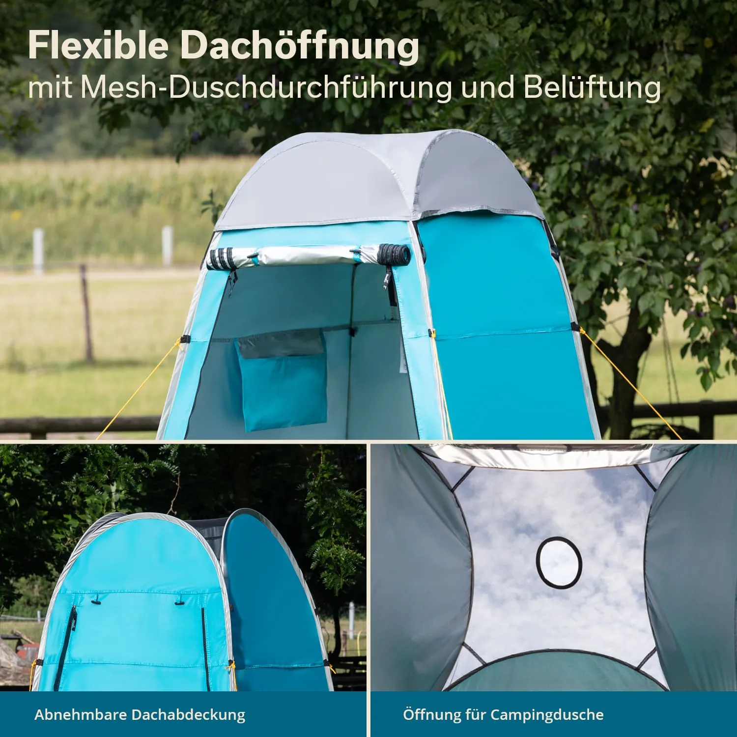 Zusammenstellung eines Duschzeltes in Blau mit abnehmbarer Dachabdeckung und einer Mesh-Duschöffnung. Sichtbare Dachdetails und Innenansicht.