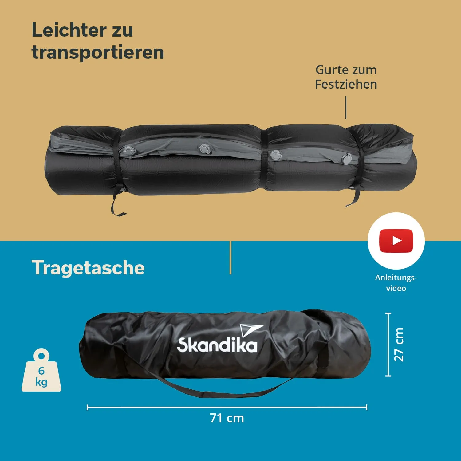 Schwarze Tragetasche für Transport, länglich und mit Gurten zum Festziehen. Maße: 71 cm x 27 cm, Gewicht: 6 kg.