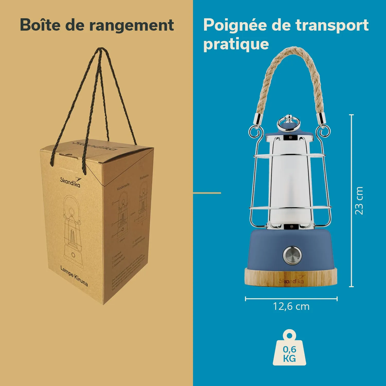Verpackungsbox mit einem Hängedraht und einer Lampe daneben. Lampe hat einen blauen Sockel und vom Design her eine klassische Form.