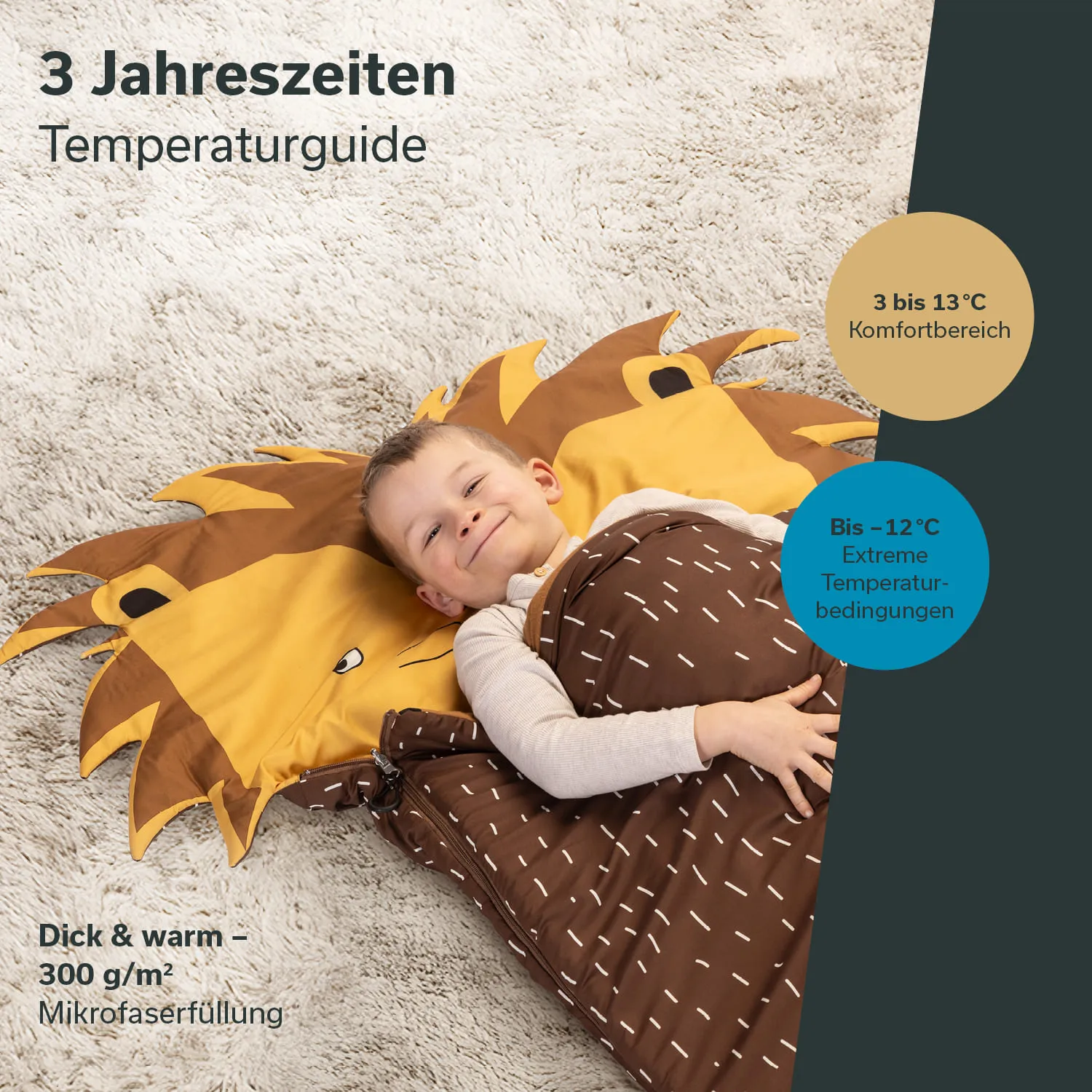 Ein Kind liegt lächelnd in einem Schlafsack mit Löwenmotiv. Der Schlafsack ist braun und hat eine Füllung. Hintergrund: heller Teppich.
