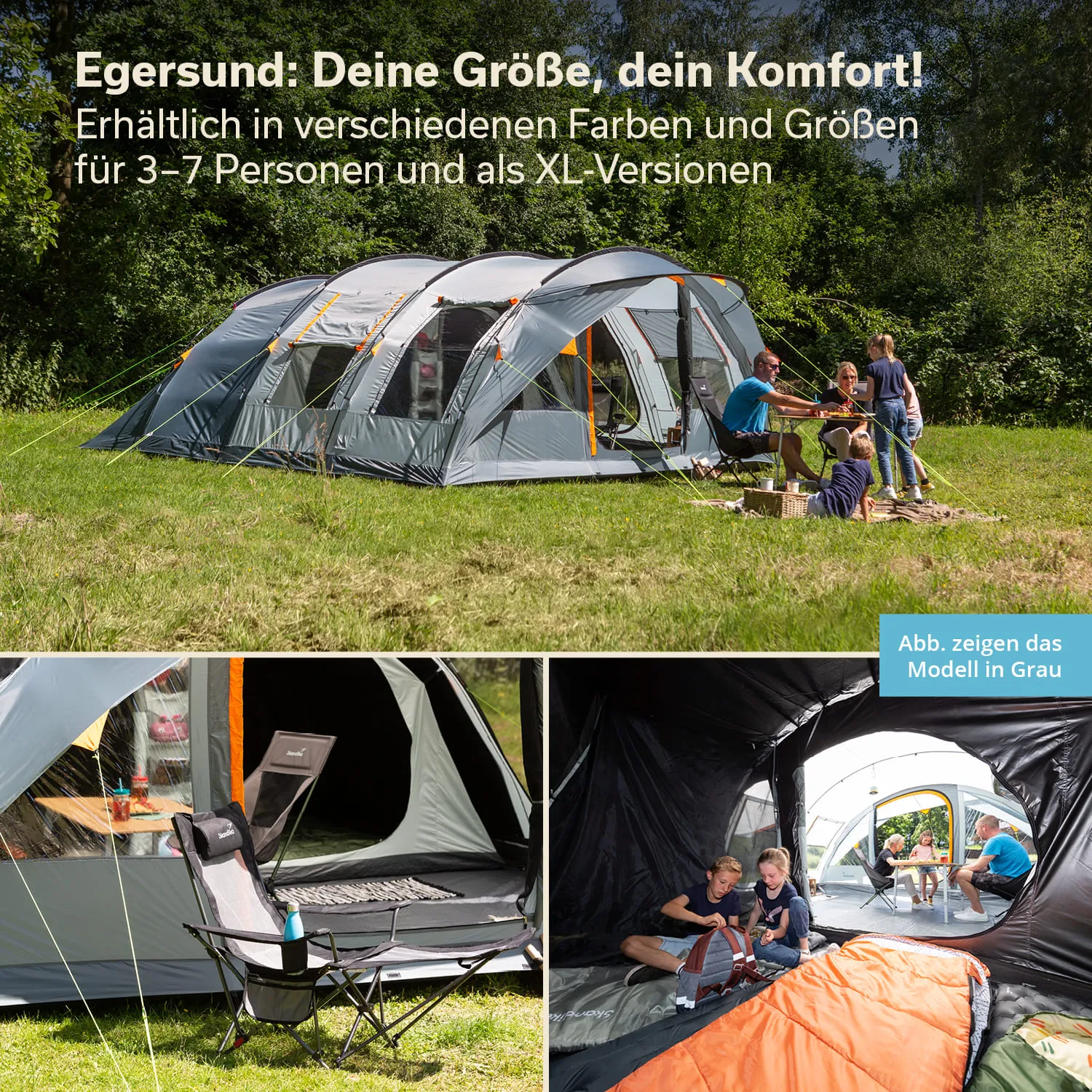 Zelt in grauer Farbe auf einer Wiese, umgeben von Bäumen. Personen sitzen und stehen in der Nähe. Ansicht von Innenräumen und Stühlen.