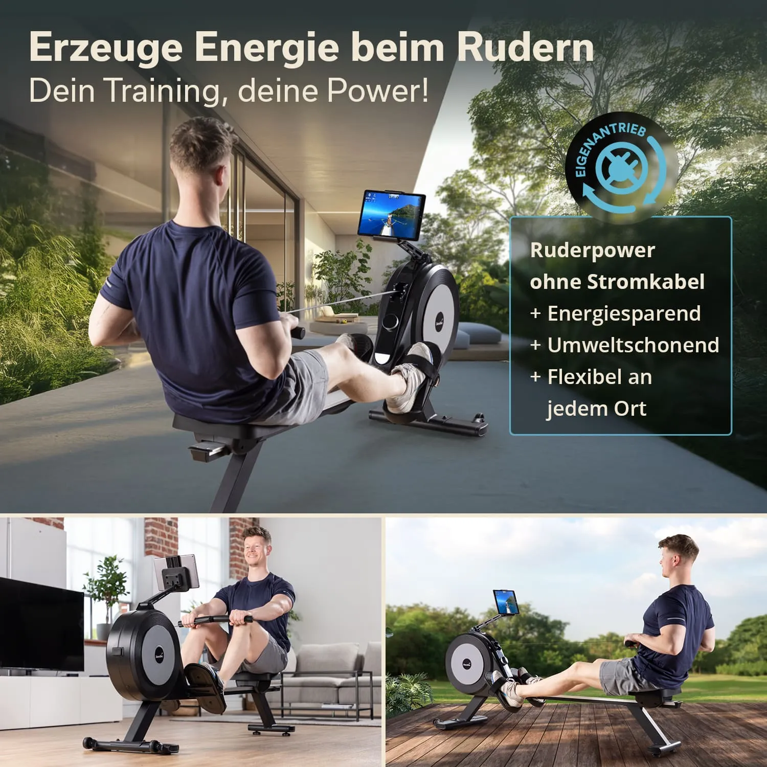 Person sitzt auf einem Rudergerät und rudert, Hintergrund zeigt Pflanzen. Weitere Bilder zeigen das Gerät in verschiedenen Umgebungen.