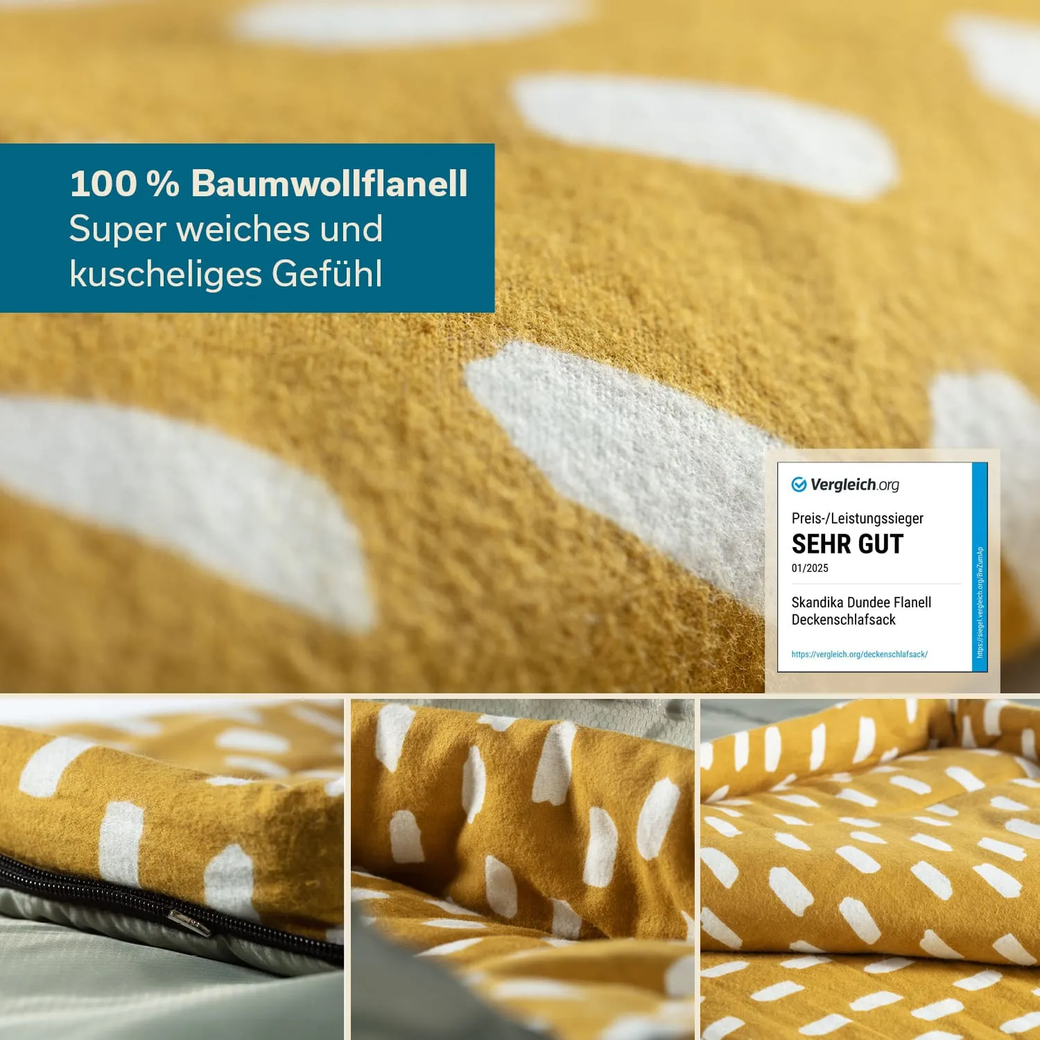 Gelbes Baumwollflanell mit weißen, unregelmäßigen Mustern. Textinformationen über das Material und die Qualität des Produkts.