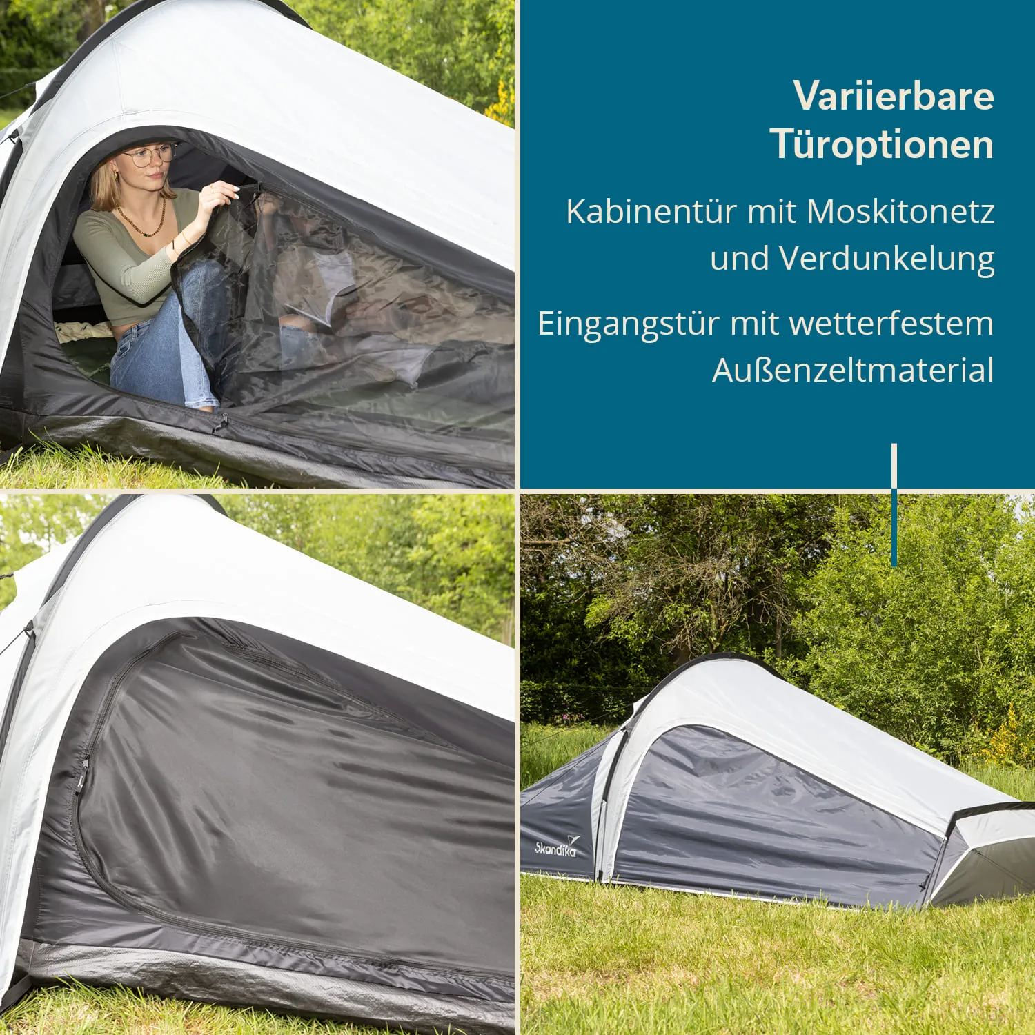 Zelt mit variierbaren Türoptionen, darunter eine Kabinentür mit Moskitonetz. Draußen ist Rasen und Bäume sichtbar.