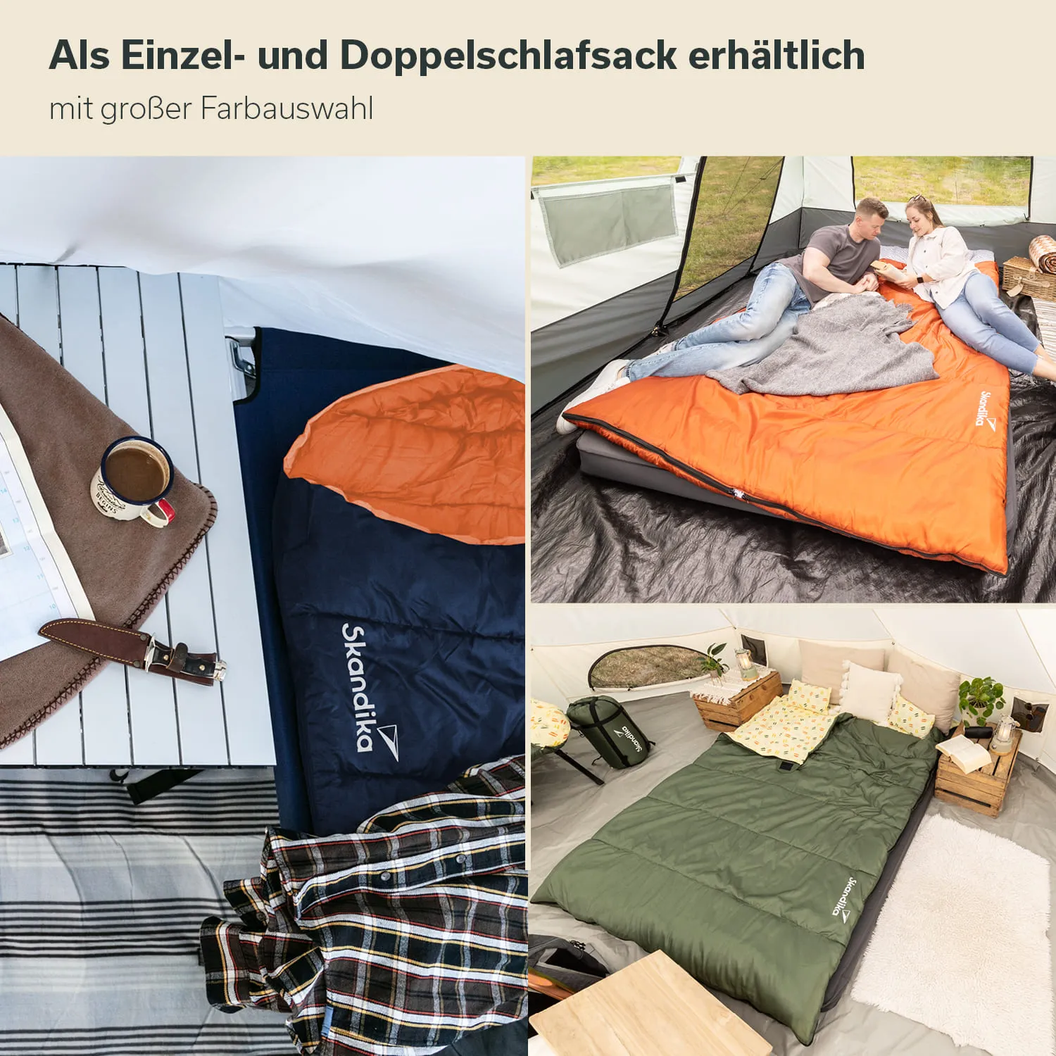 Schlafsäcke in verschiedenen Farben und Designs auf unterschiedlichen Untergründen, mit gemütlicher Camping-Ausstattung.