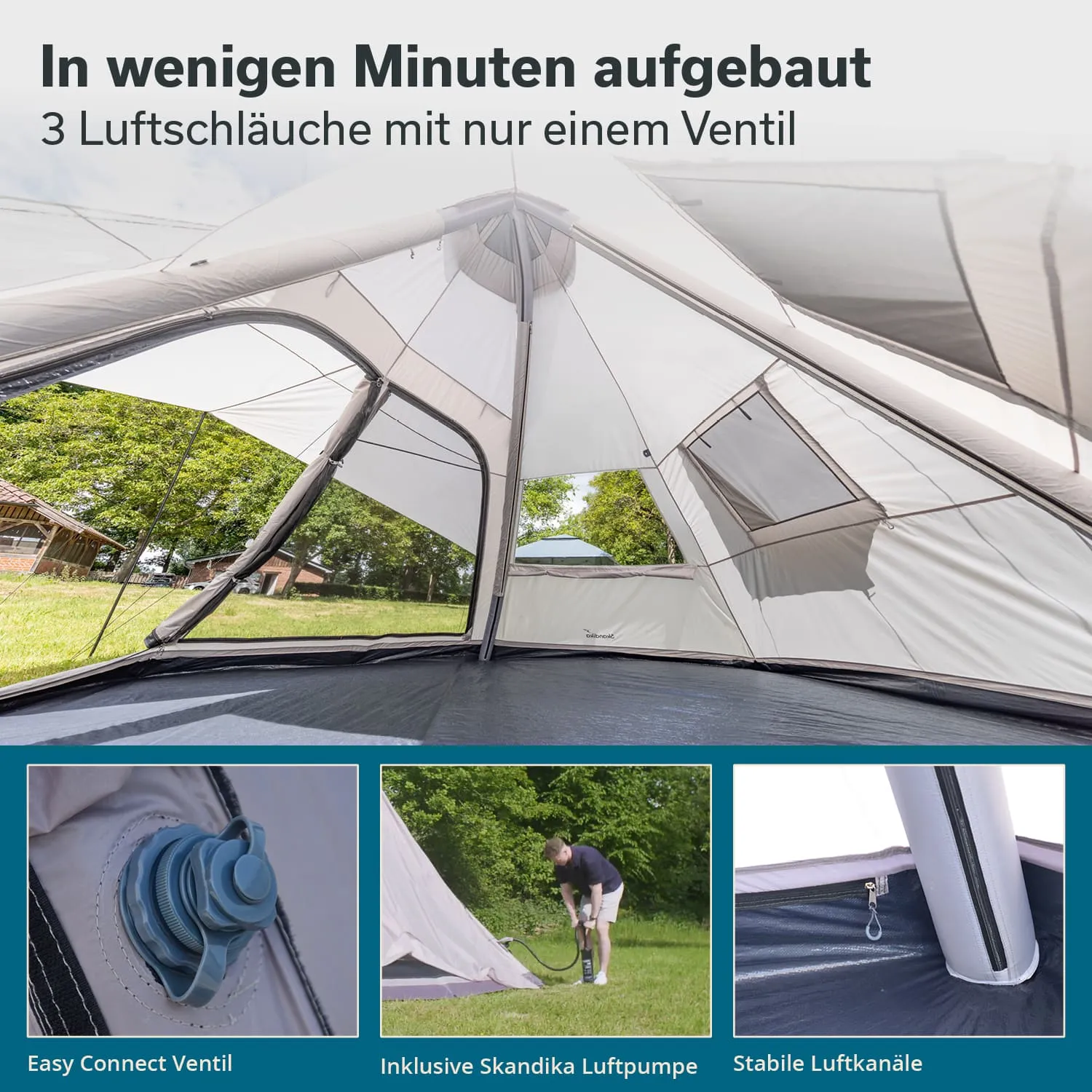 Innenansicht eines Zelt mit Luftschläuchen und Ventil. Teile der Zeltkonstruktion sind sichtbar, darunter ein Ventil.