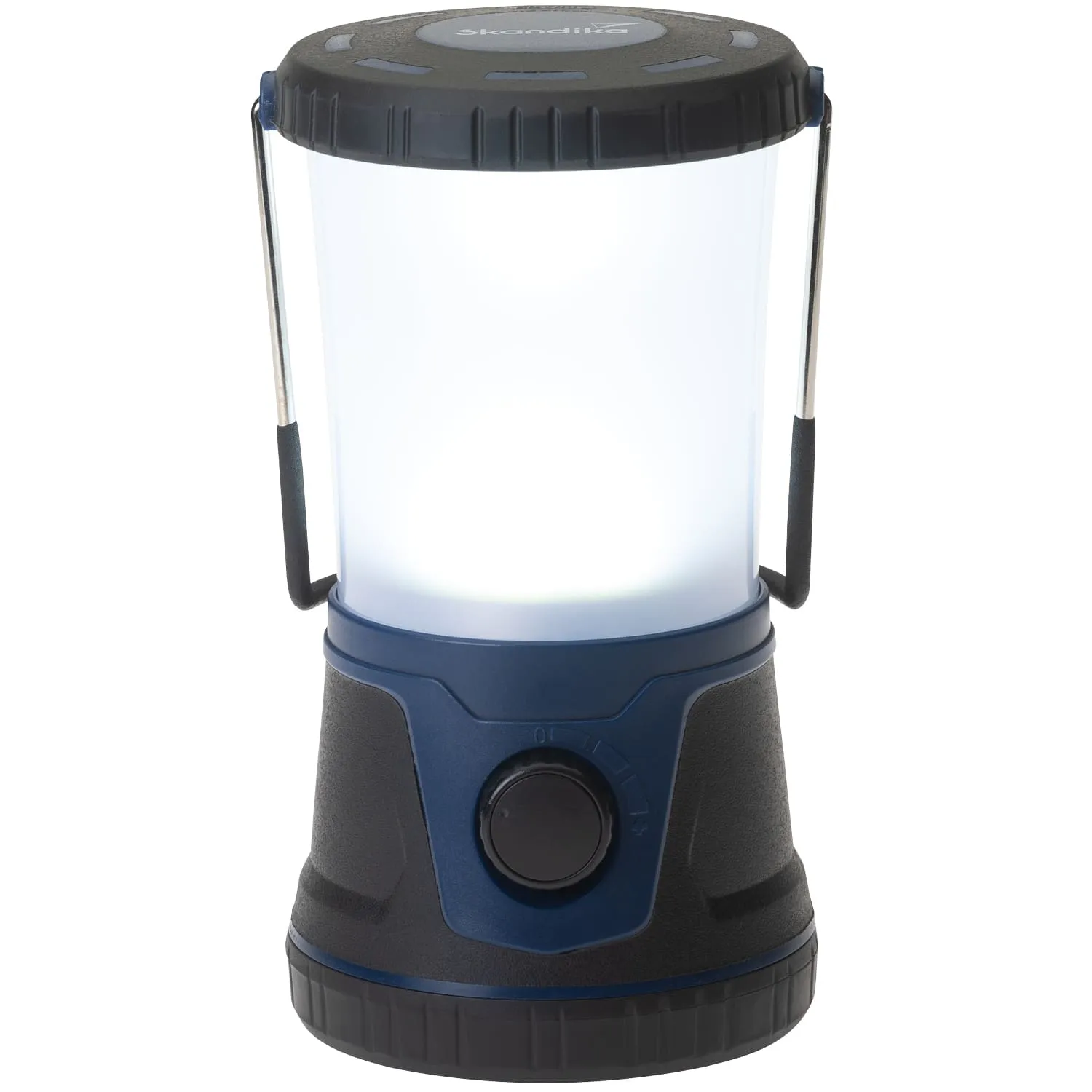 LED-Lampe in Blau und Schwarz mit transparentem Lampenschirm, drehbarem Einstellknopf und Tragegriff.