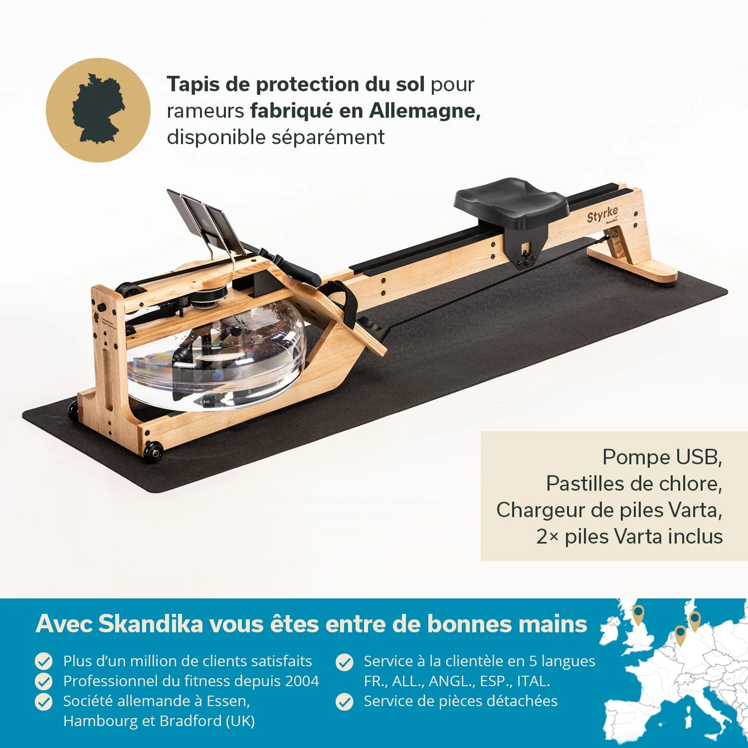Schutzmatte für Rudergeräte aus Holz mit einem Wassertank und Zubehör wie USB-Pumpe und Chlor-Tabletten.
