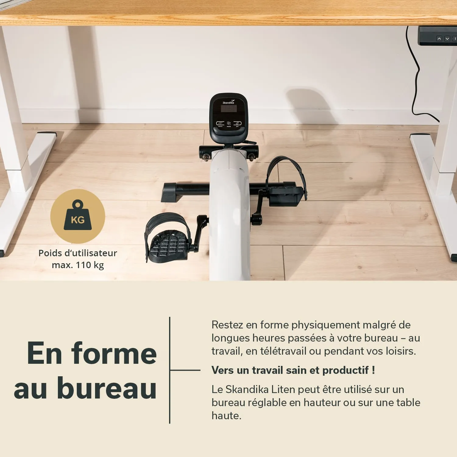 Sitzgeräte mit Pedalen unter einem Tisch, darauf ein digitales Display. Text über gesunde Arbeitsweise und Nutzungsmöglichkeiten.