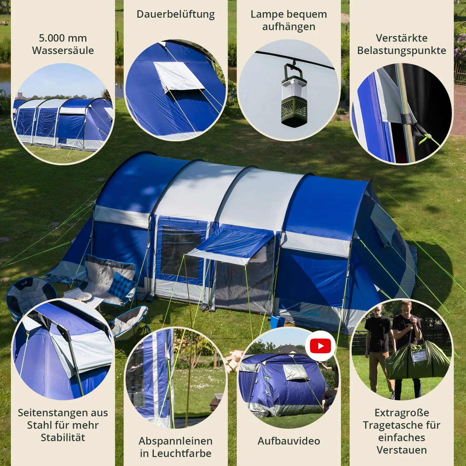 Ein großes, blaues Campingzelt mit verschiedenen Merkmalen, das auf einem Rasenplatz steht. Neben dem Zelt sind Infos zu Wasserfestigkeit, Belüftung und Aufhängemöglichkeiten abgebildet. Es sind Sitzgelegenheiten sichtbar.
