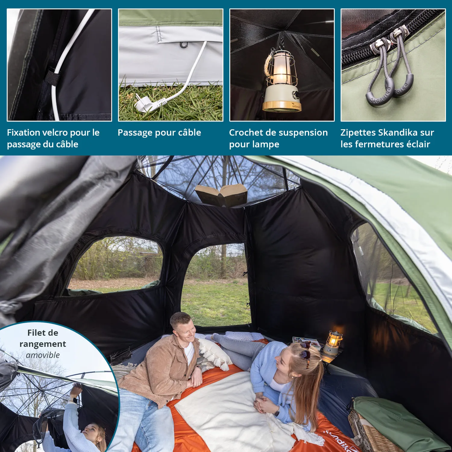 Innenansicht eines Zeltes mit zwei Personen, einem Buch, einer Lampe und einem gemütlichen Untergrund. Fenster sind sichtbar.