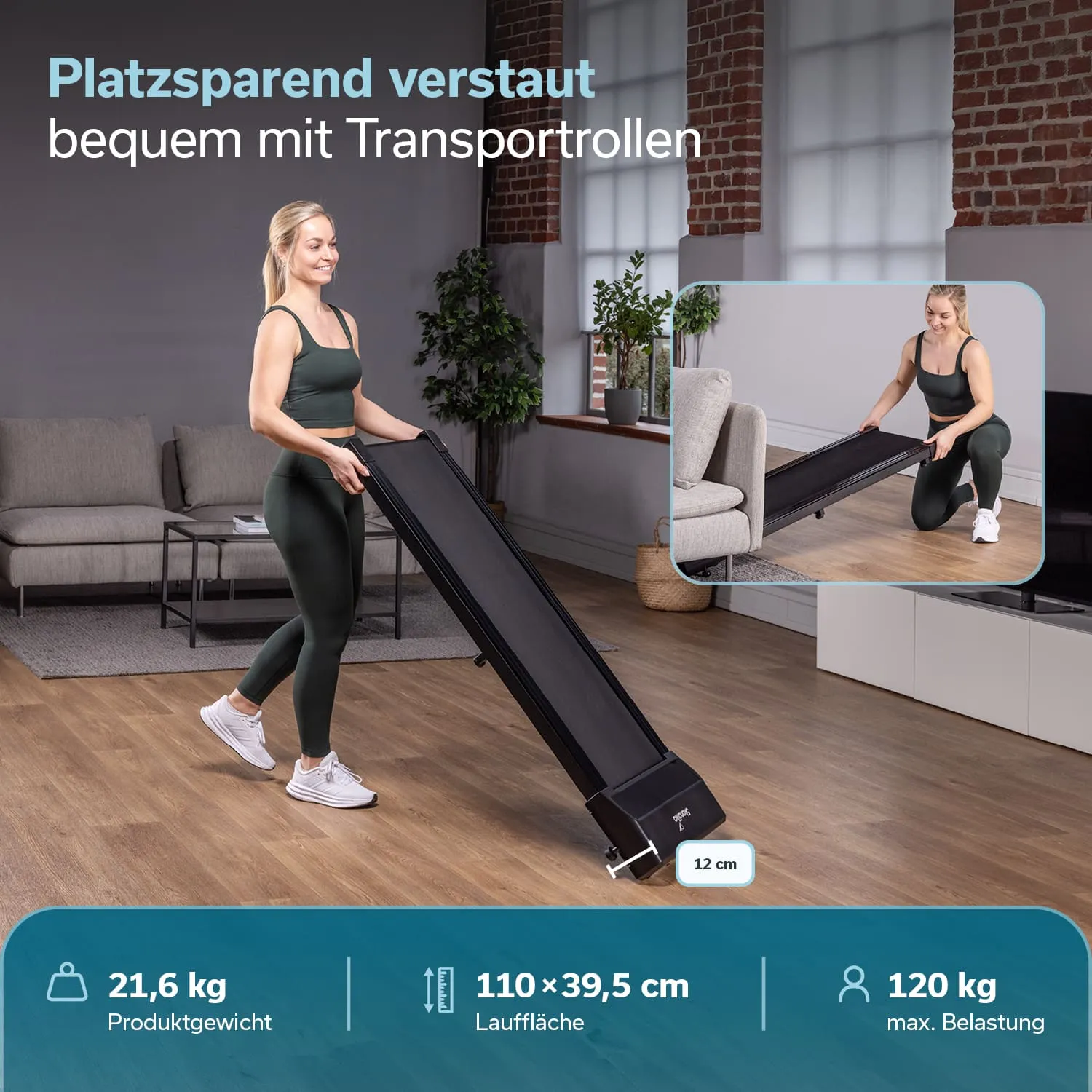 Eine Person trägt ein schwarzes Laufband. Der Raum hat große Fenster und eine Pflanzen dekoriert. Angaben zu Produktgewicht und Maßen sind abgebildet.